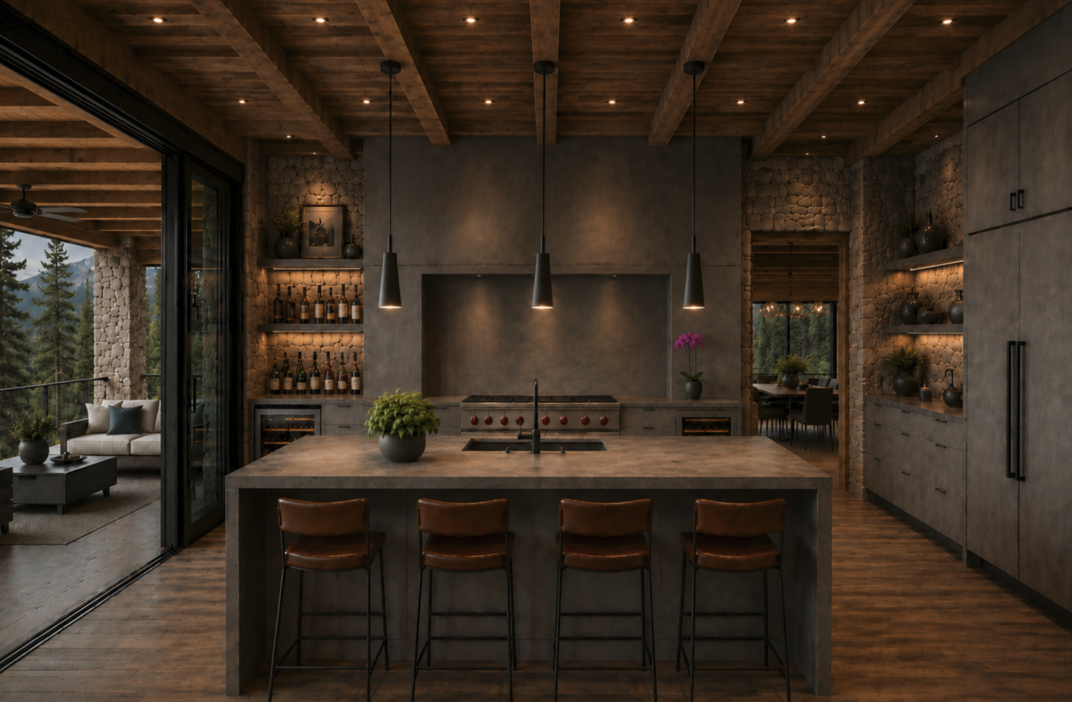 Custom chef's kitchen in a luxury Montana mountain retreat featuring handcrafted cabinetry, oversized island, natural materials, and interior architecture by Nū Interiors VT.