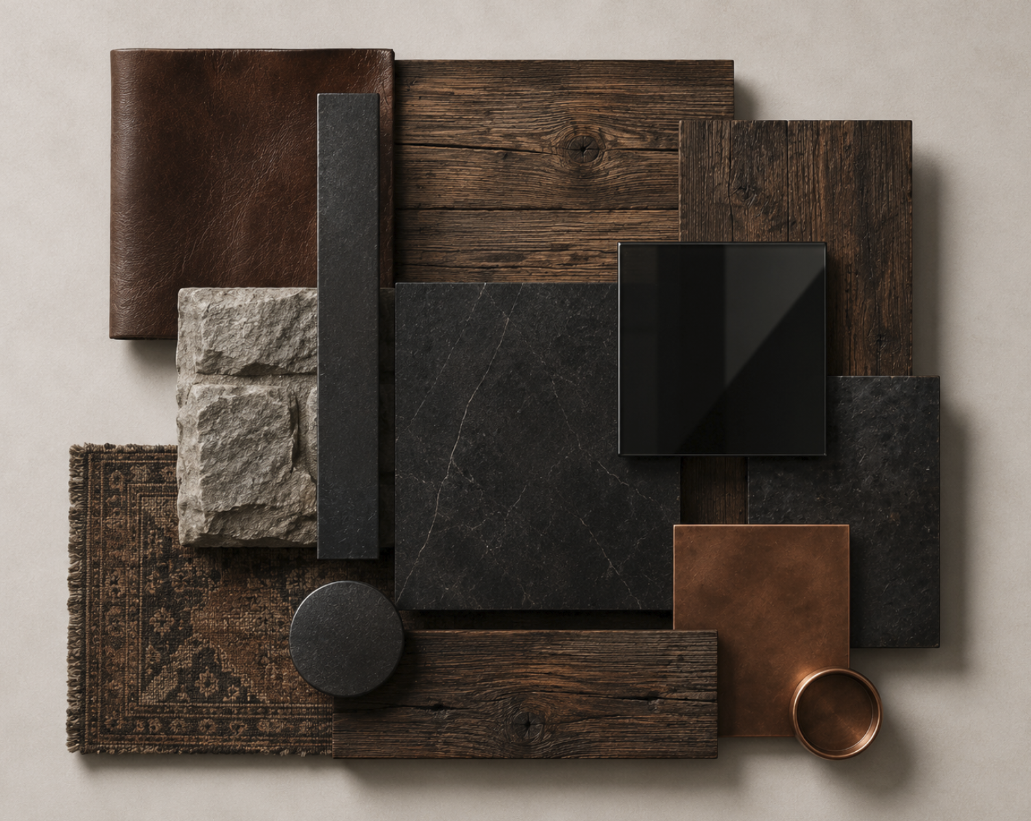 a collection of various textured and colored material samples including wood, stone, leather, metal, and fabric, arranged on a neutral background