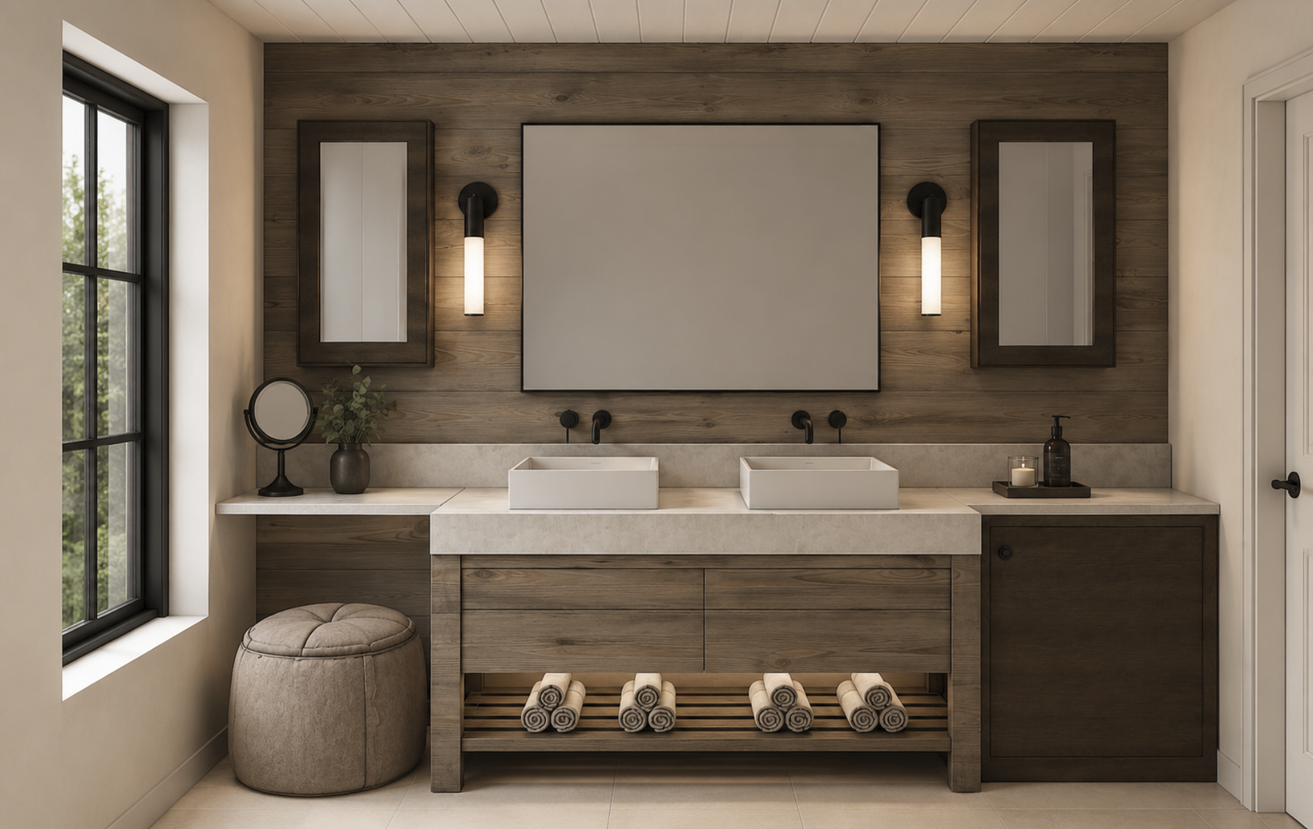Mountain modern primary bathroom in a luxury Stowe, Vermont ski chalet featuring custom cabinetry, double vanity, handcrafted millwork, black sconces, and spa-inspired interior design by Nū Interiors VT.