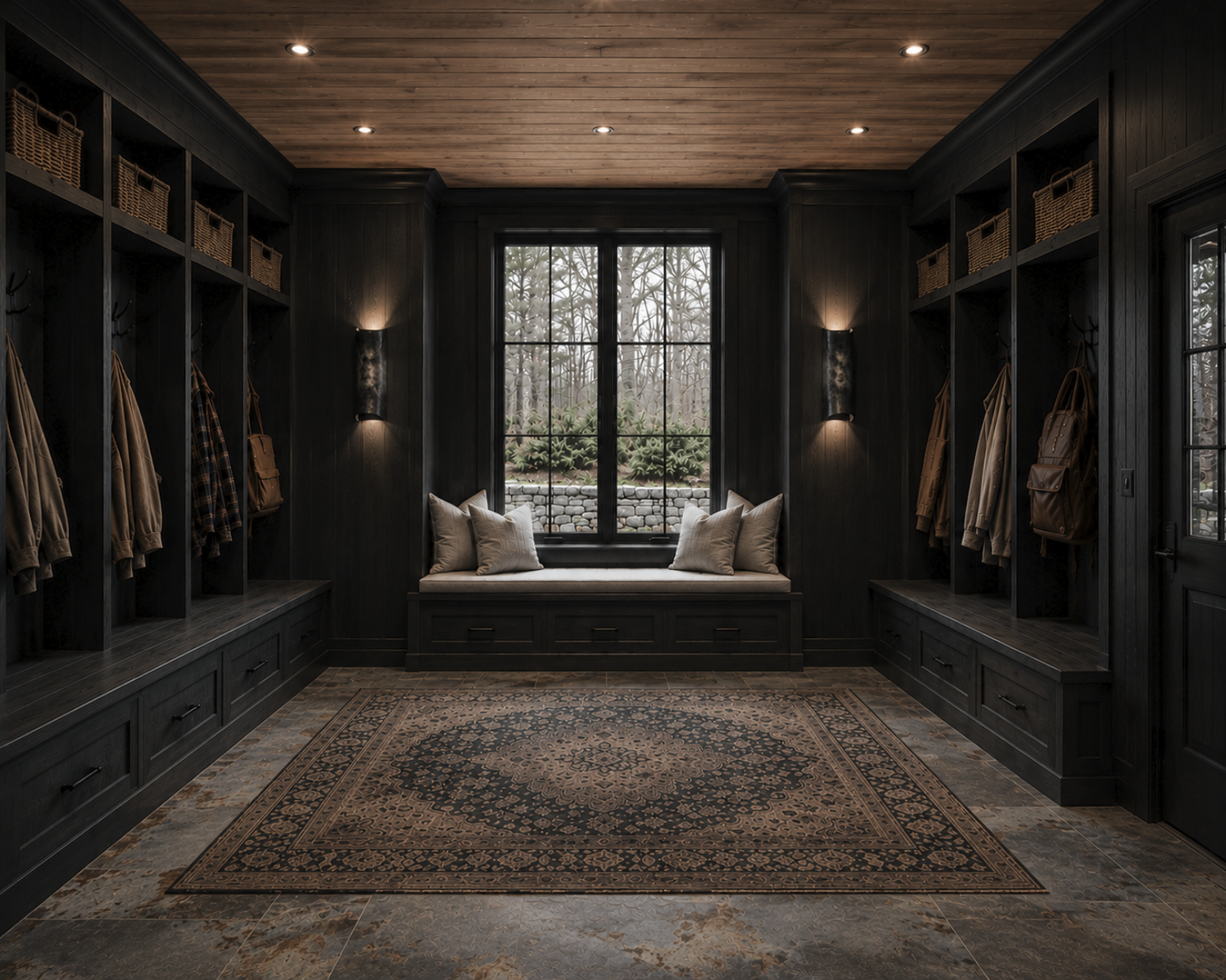 Luxury mountain mudroom featuring custom built-in cabinetry, integrated bench seating, handcrafted millwork, and timeless rustic modern interior design in Jackson Hole, Wyoming, by Nū Interiors VT.