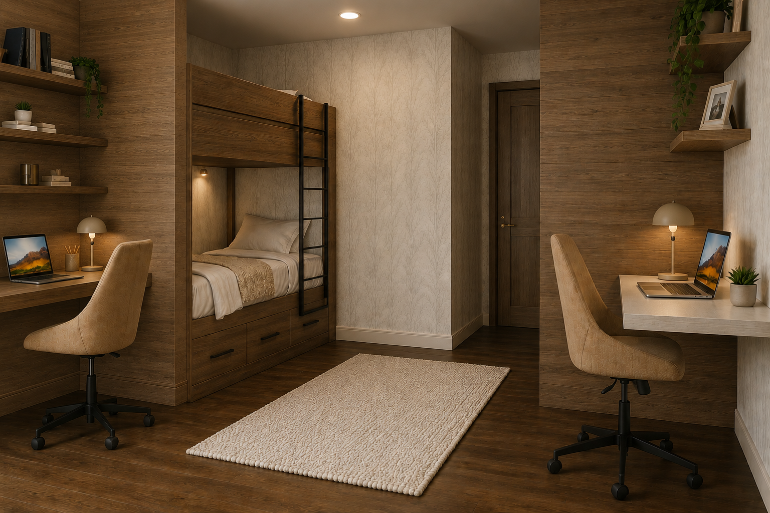 Luxury mountain modern girls' bunk room featuring custom built-in bunk beds, integrated workstations, handcrafted millwork, and bespoke interior architecture by Nū Interiors VT.