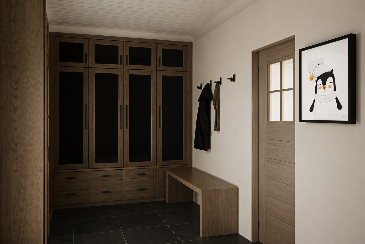 Custom mountain modern mudroom featuring built-in lockers, integrated bench seating, custom storage, and handcrafted millwork designed by Nū Interiors VT for a luxury Stowe, Vermont ski chalet.