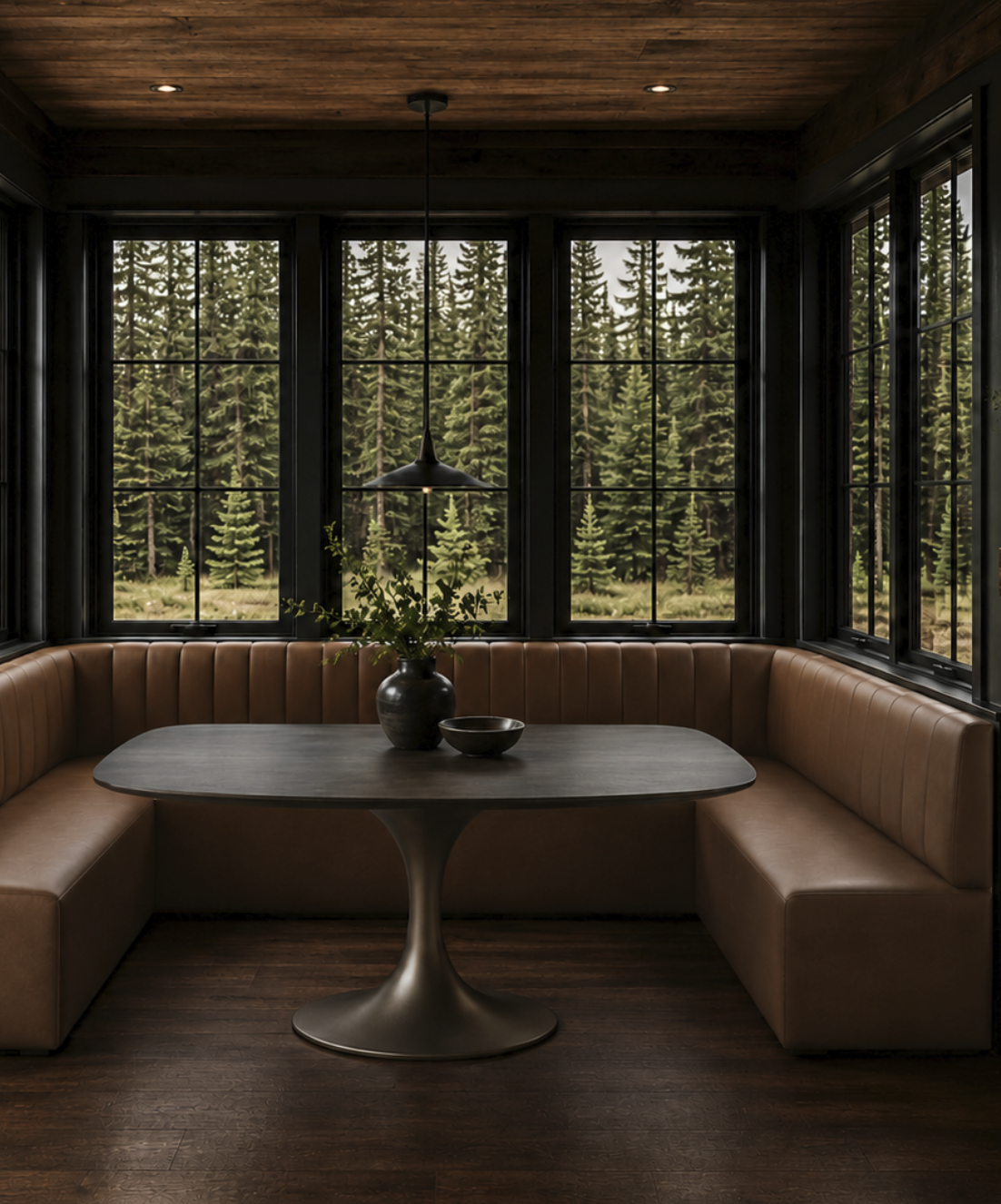 Luxury mountain dining nook featuring a custom built-in banquette, handcrafted millwork, panoramic forest views of Stowe, Vermont, and timeless rustic modern interior design by Nū Interiors VT.