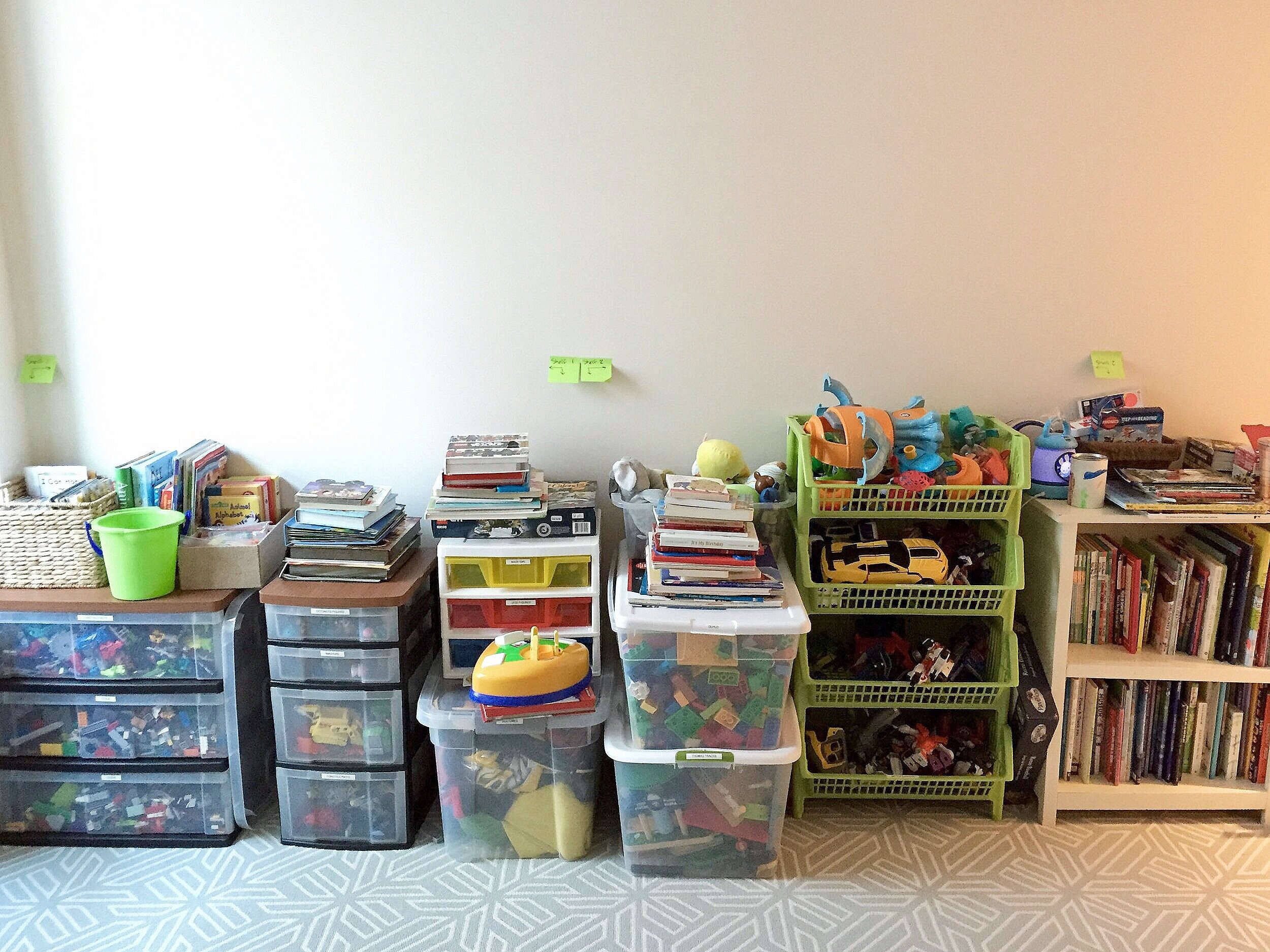 Playroom BEFORE - Mismatched Storage &amp; Visual Clutter