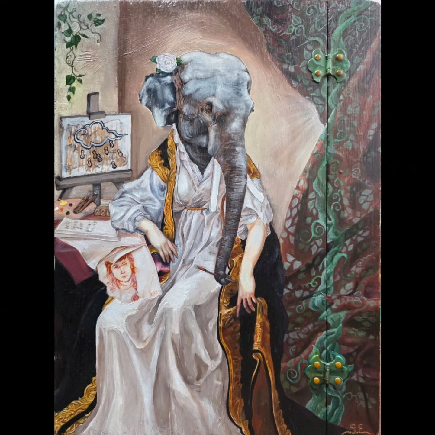 &quot;Will Work For Peanuts&quot; Eight of Pentacles. NFS. Ammended painting from long ago! I'll post the whole write up in  on my website about Jack and the Beanstalk and Karma Magna and inherited boxes that tell stories of ocean waves.... sharoneis