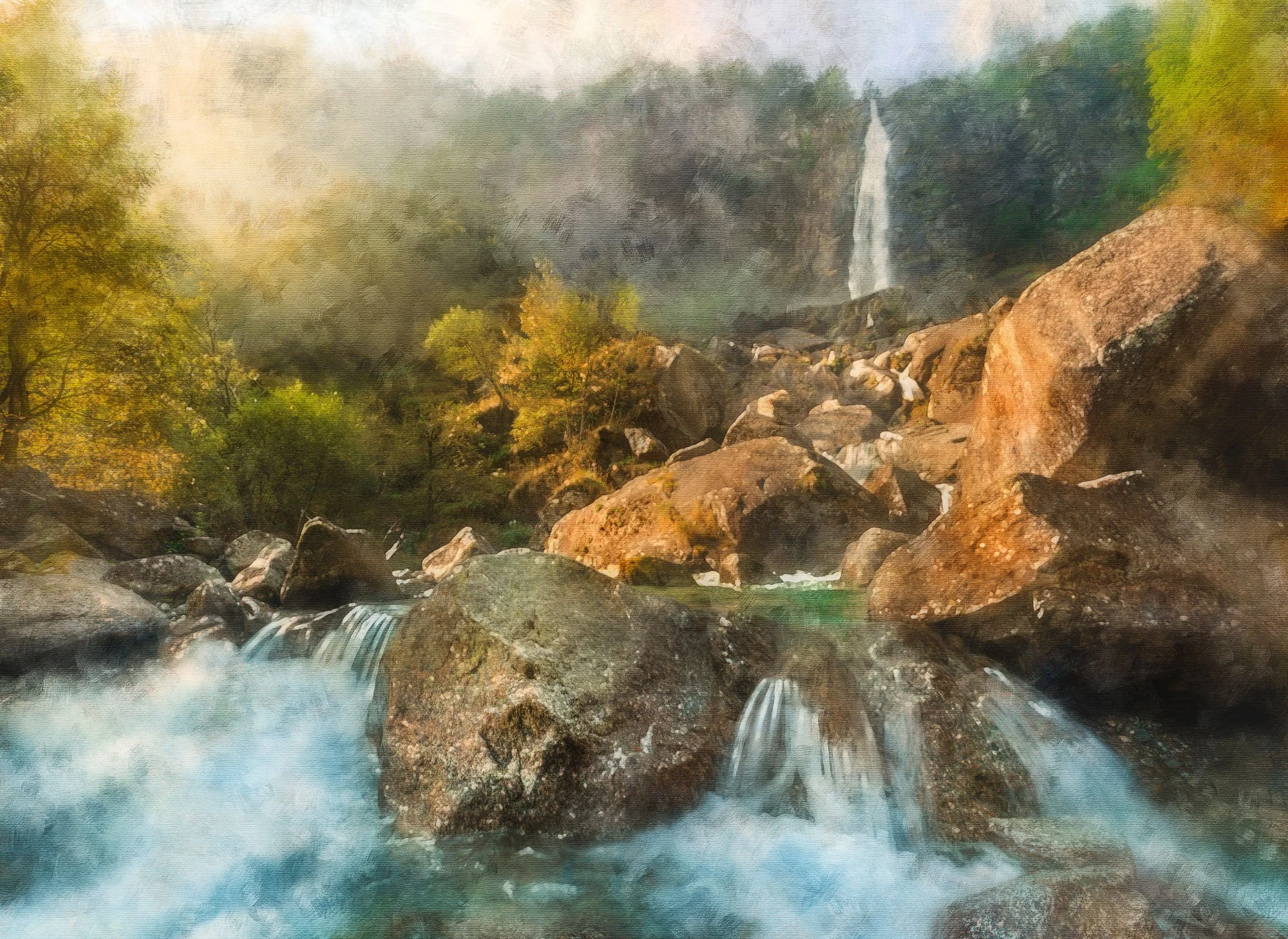 A waterfall cascading down a rocky cliff into a river with large rocks and autumn-colored trees in the background.