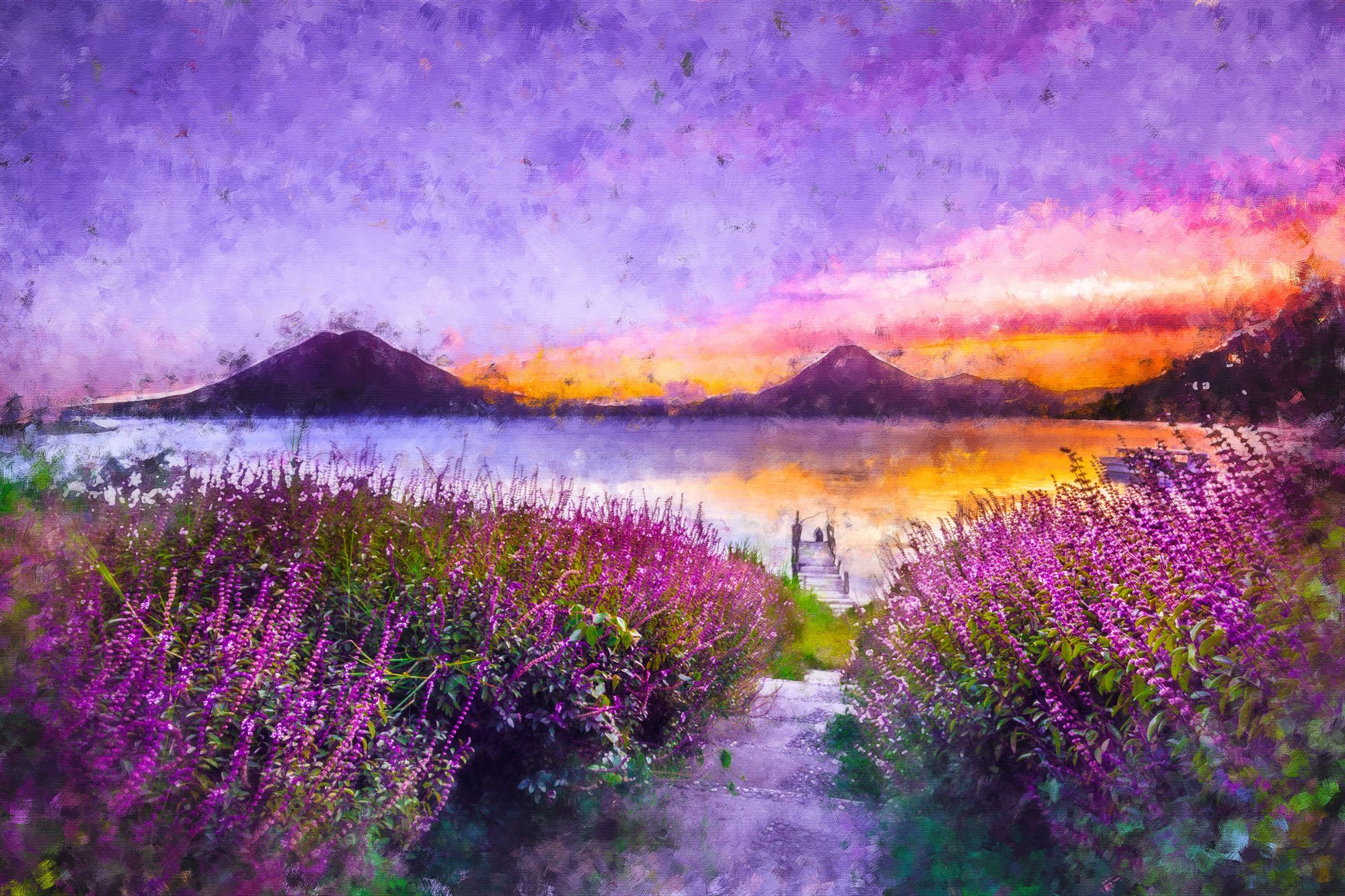 A painting of a lake at sunset with mountains in the background, lavender flowers in the foreground, and a small dock leading into the water.