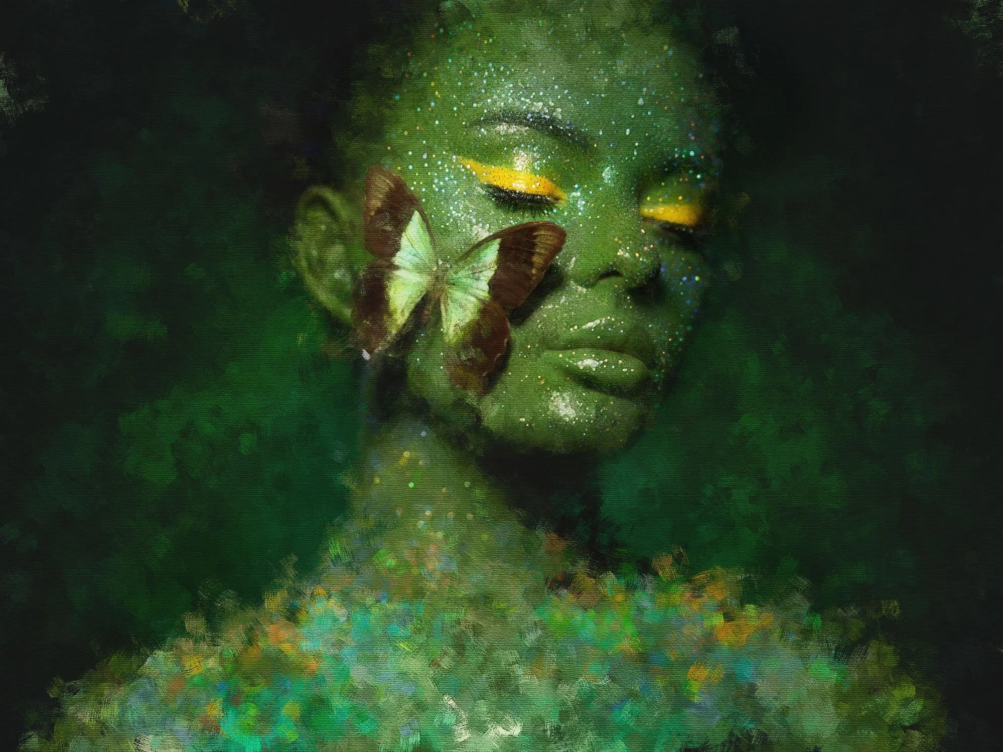 A woman with glitter and yellow eye makeup, her eyes closed, and a butterfly resting on her cheek. The background is dark and hazy with green tones.