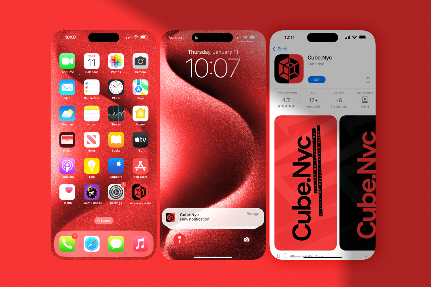 Three iPhone screens displaying the home screen, lock screen, and app store page with Cube.NYC app, against a red background.