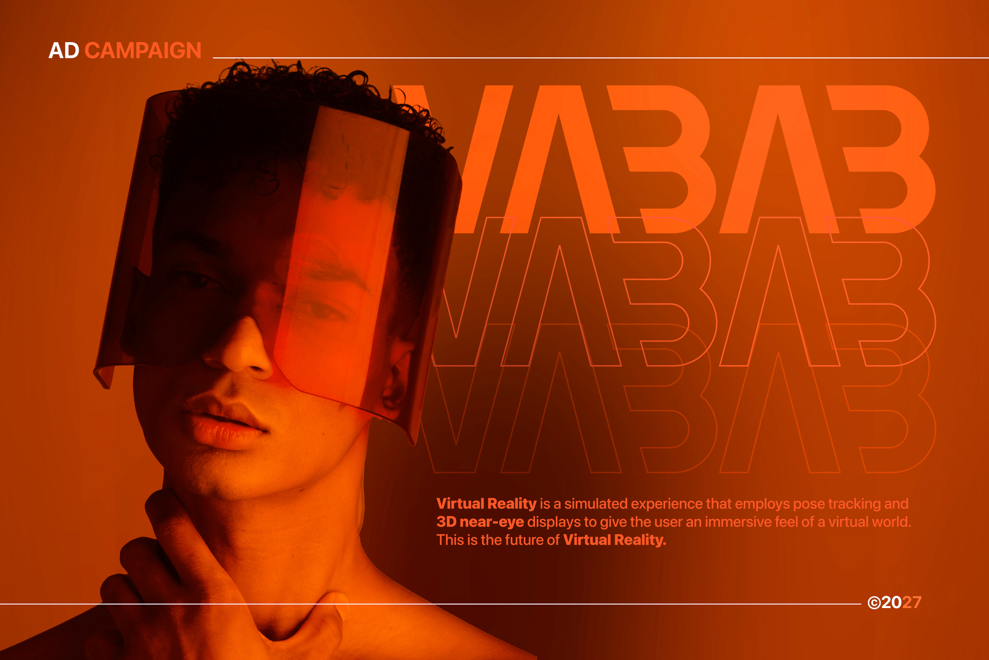 A model wearing a virtual reality head-up display with a futuristic design, featuring orange-tinted lenses and a reflective surface, set against a orange background with stylized text about virtual reality technology.
