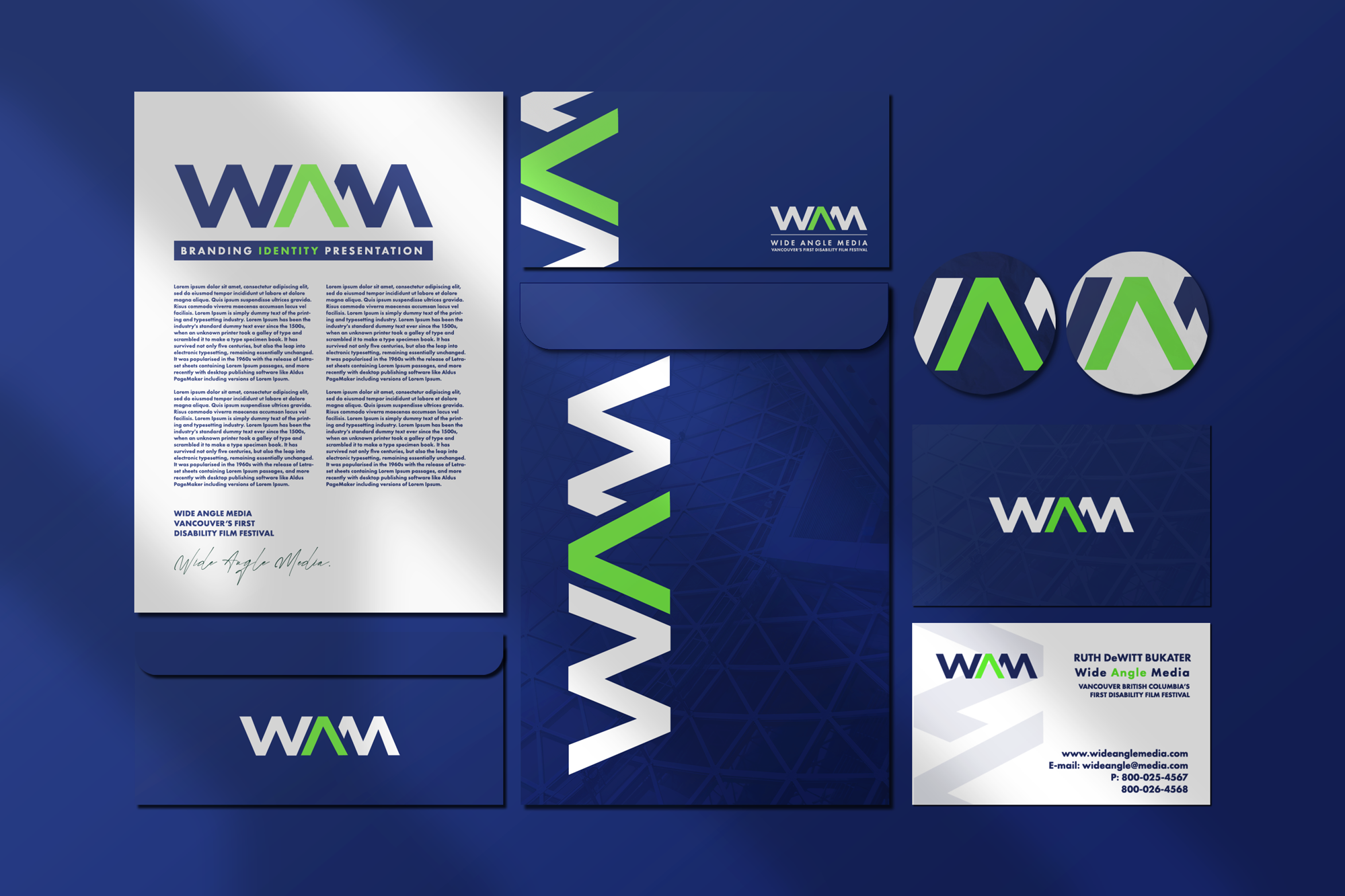 Branding and promotional materials for Wide Angle Media, including a brochure and business cards featuring the WAM logo with a stylized 'A' in green, set against a dark blue geometric background.