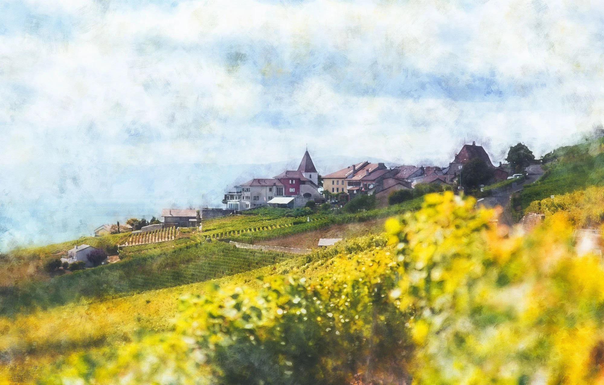 A scenic view of a hillside village with colorful houses and a church, surrounded by vineyards with lush green foliage.