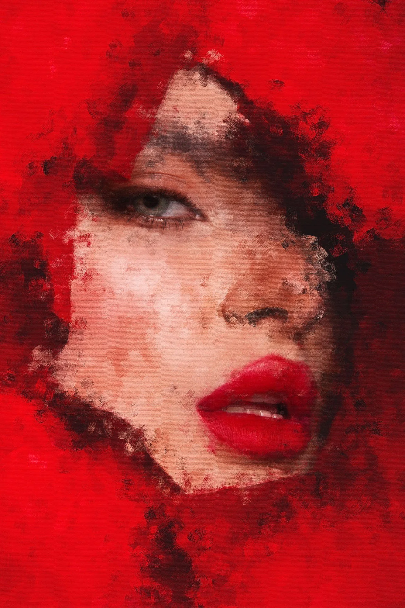 Close-up of a woman's face with red lipstick, with a watercolor effect and a red background.