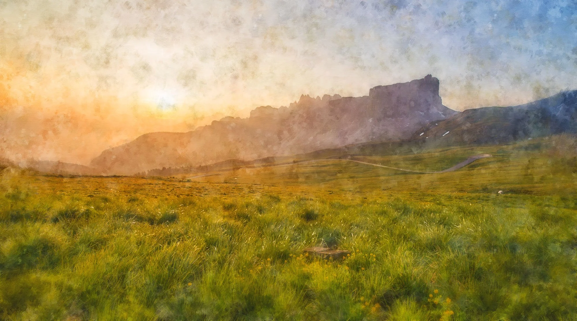 A scenic landscape of green grassy plains with rolling hills and rocky formations in the distance, under a cloudy sky with the sun setting.