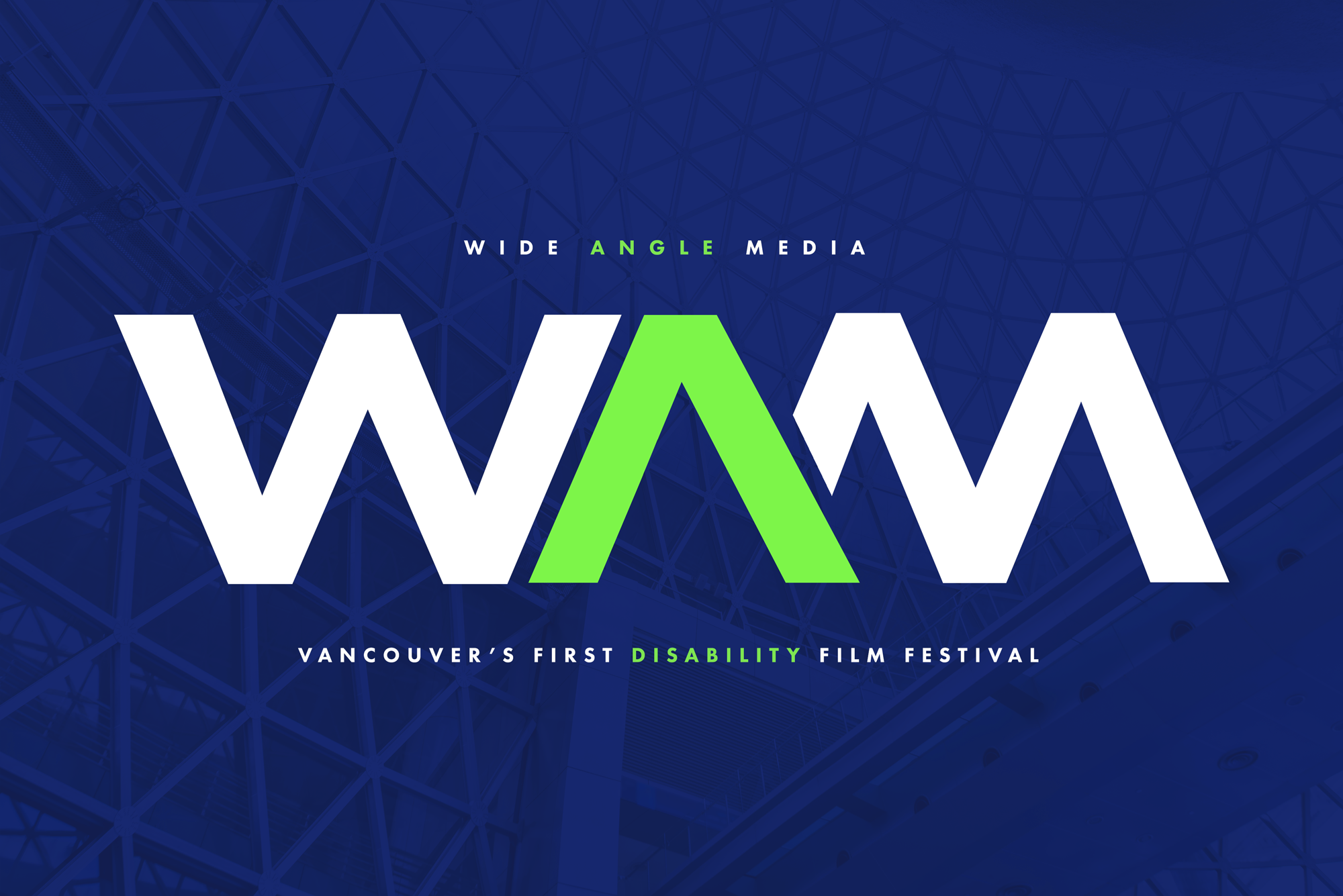 Poster for Vancouver's first disability film festival called 'WAM' with a blue background and large white and green text