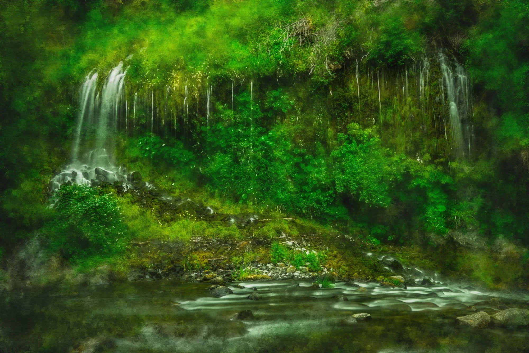 A lush green forest with a small waterfall cascading into a flowing river.