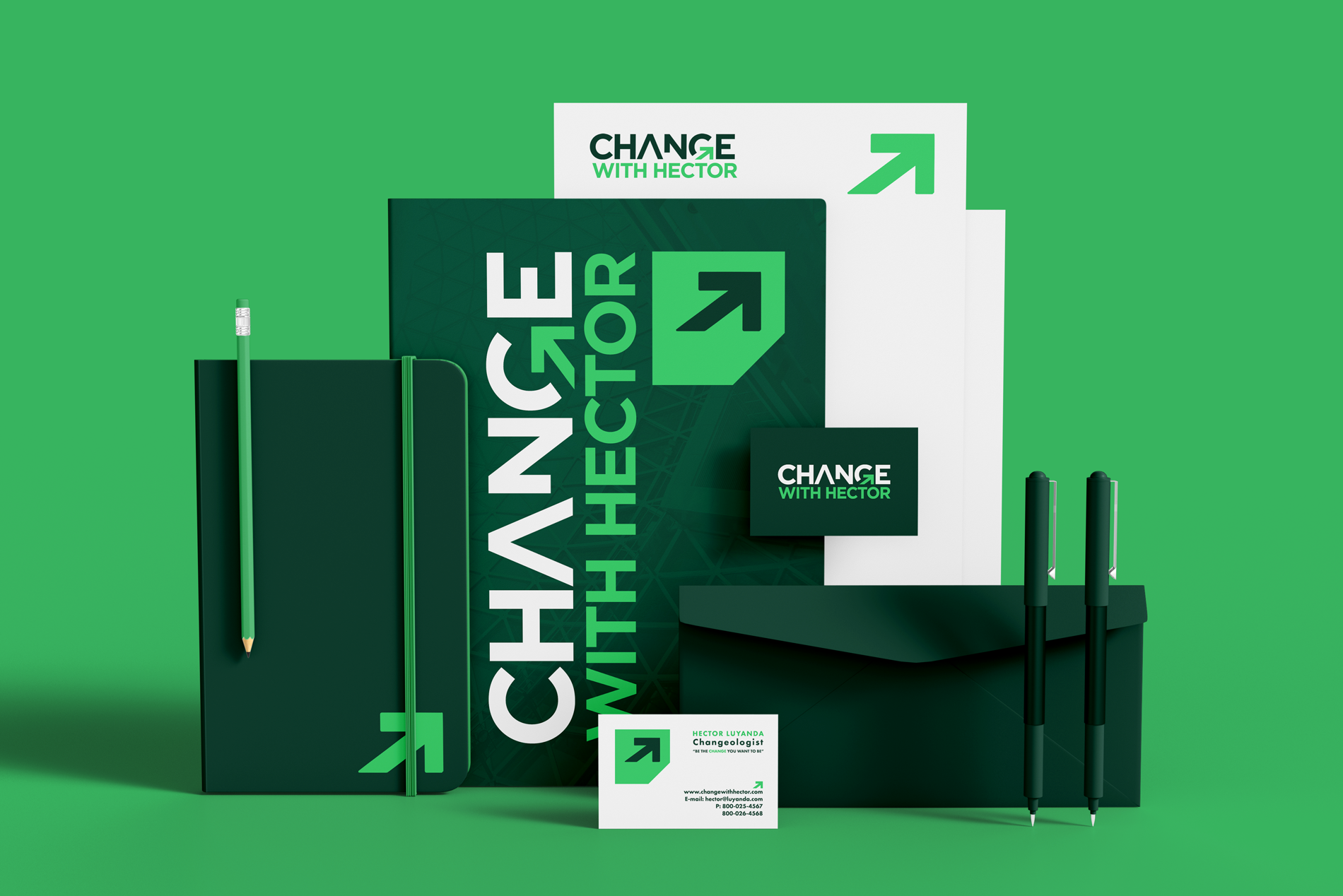 Green-themed business stationery set with notebooks, pens, cards, and folders, all branded with "Change with Hector" and an upward arrow logo.