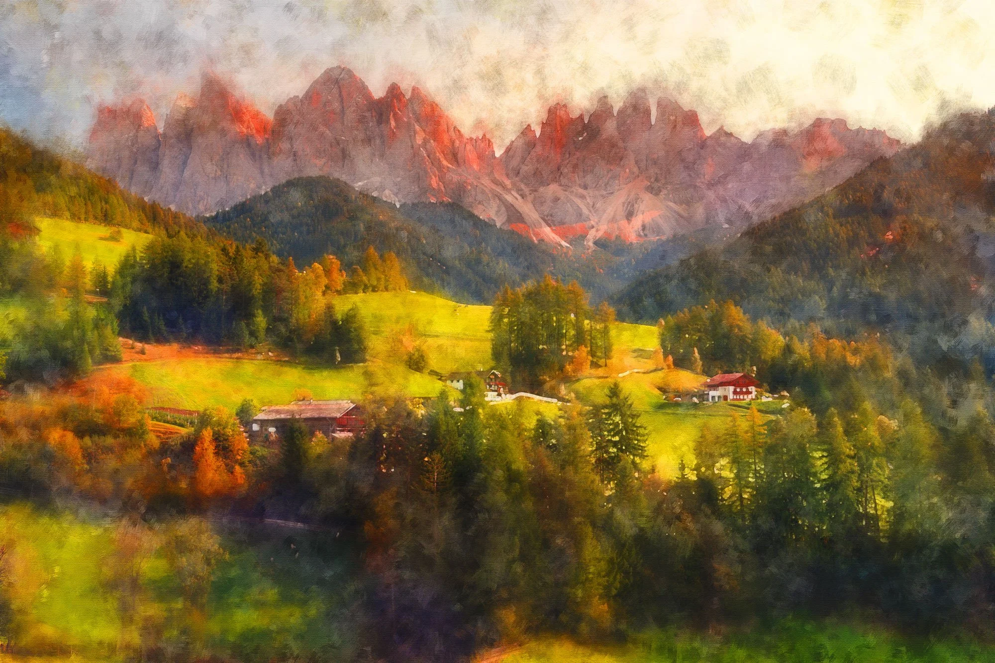 A watercolor painting of a mountain landscape with lush green fields, trees, and a few houses in the foreground, and rugged mountains in the background under a cloudy sky.
