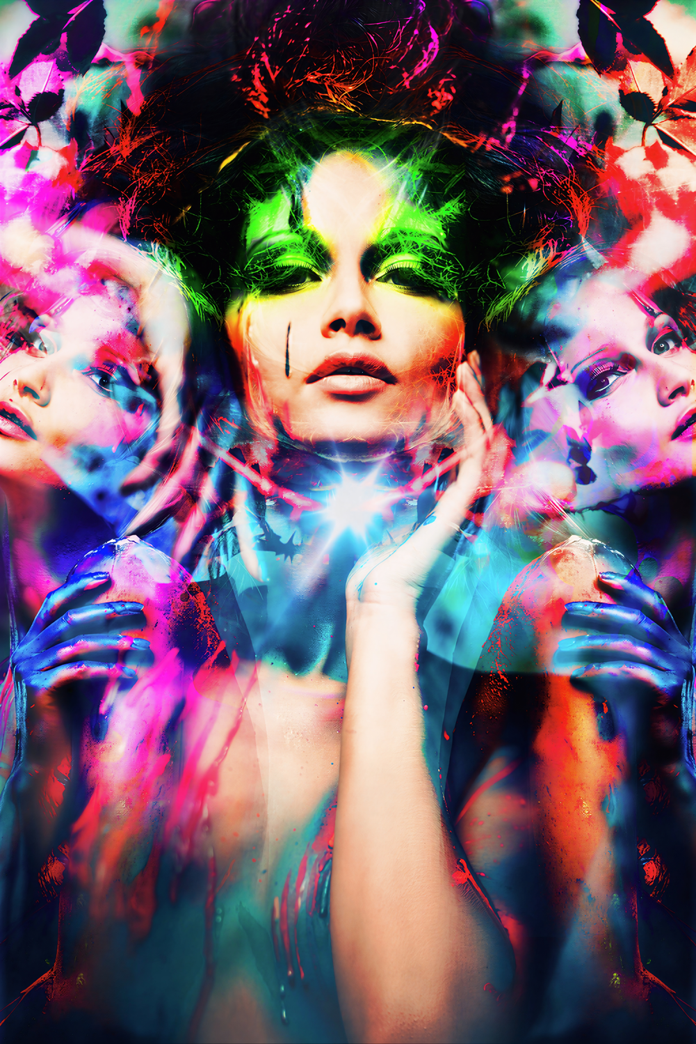 A digitally manipulated image of a woman surrounded by multiple floating faces and vibrant, colorful abstract elements, with her face at the center.