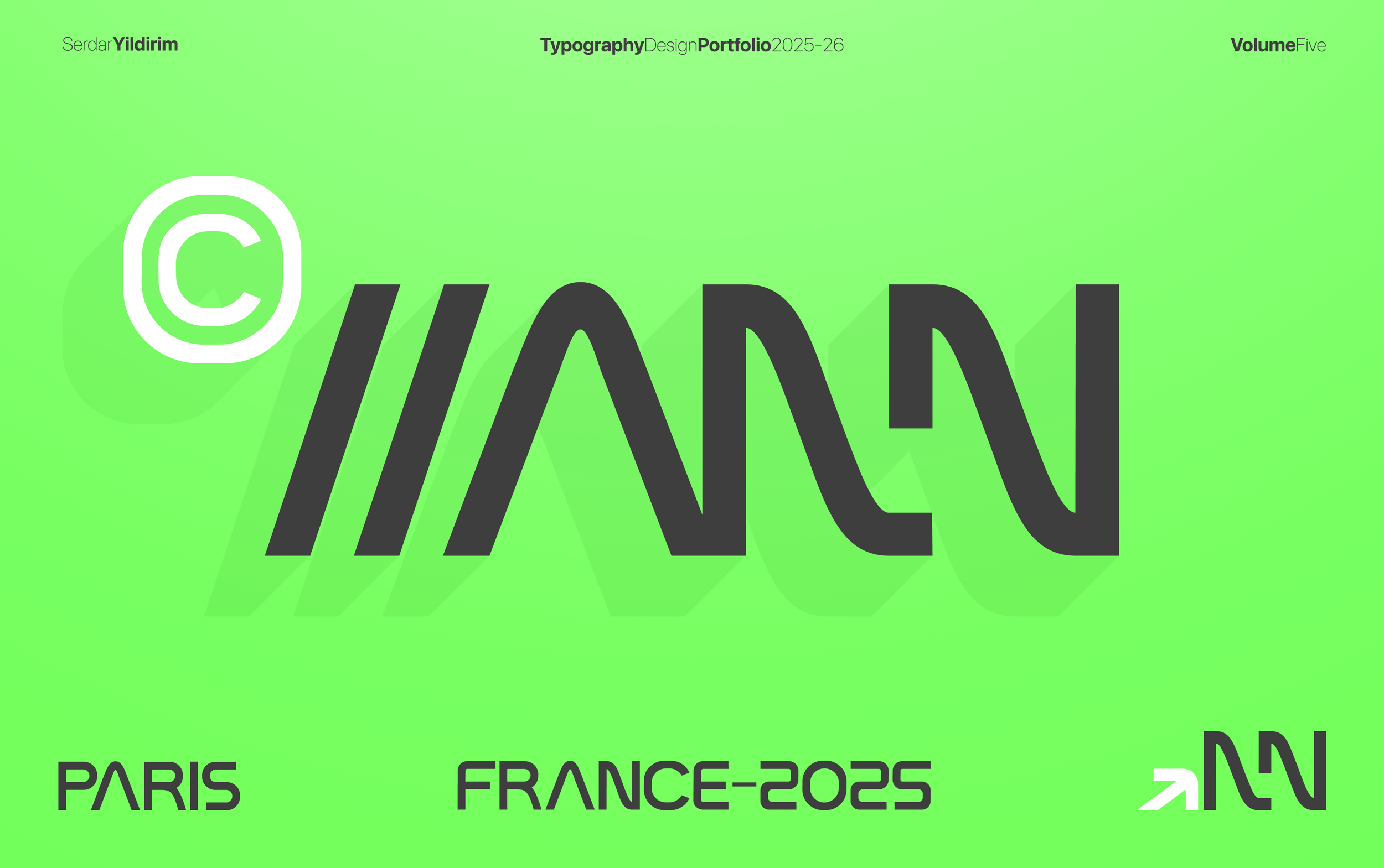Bright green graphic design with large overlapping black text and a white copyright symbol. Smaller elements include the words 'Serdar Yildirim', 'Typography Design Portfolio 2025-26', 'Volume Five', and additional stylized text with arrows, indicati