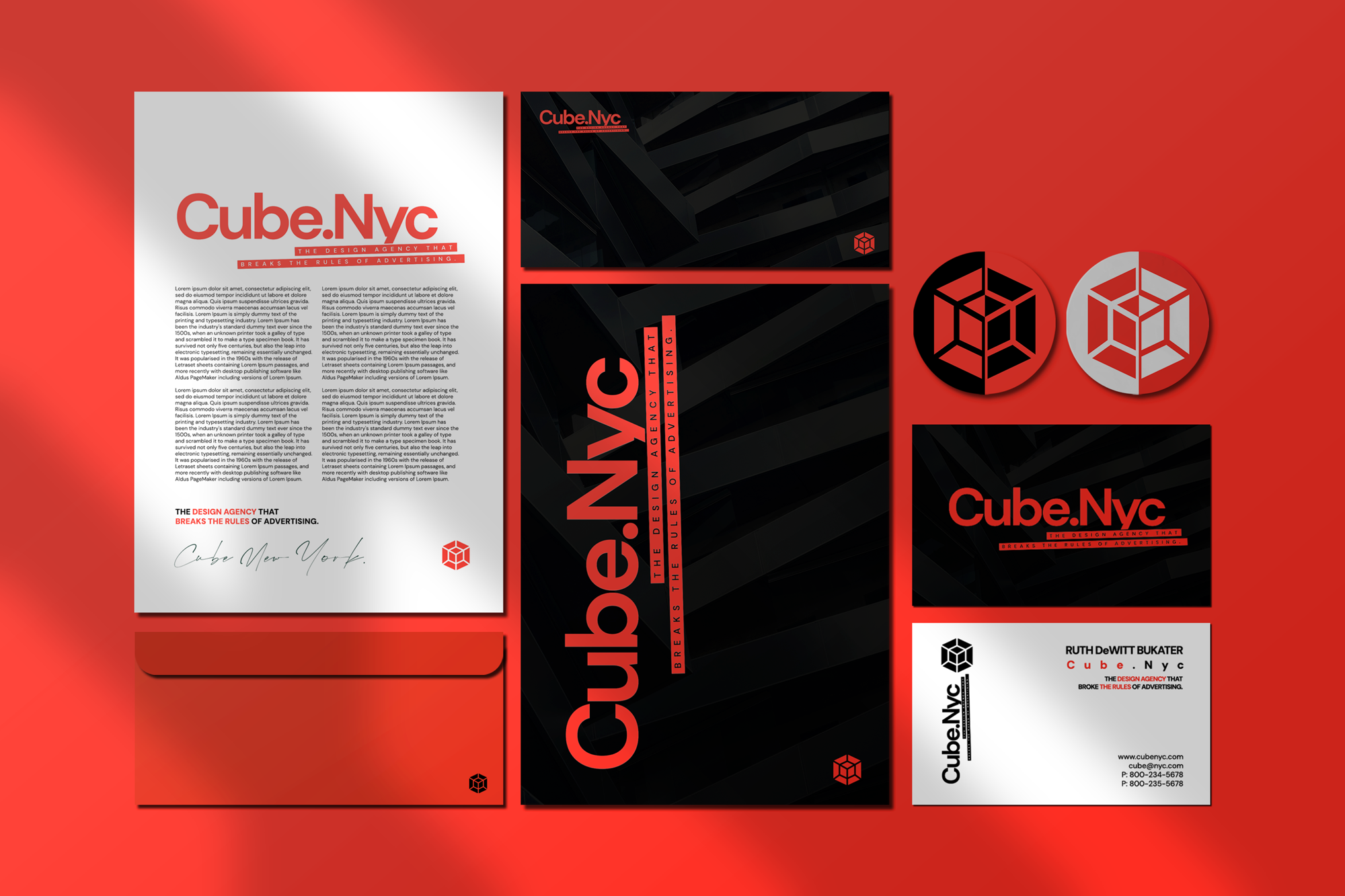 A collection of branding and marketing materials for Cube.Nyc, a design agency. The materials include a white letter-sized sheet with red and black text, a red envelope with the Cube logo, a large black and red vertical banner with the Cube.Nyc logo,