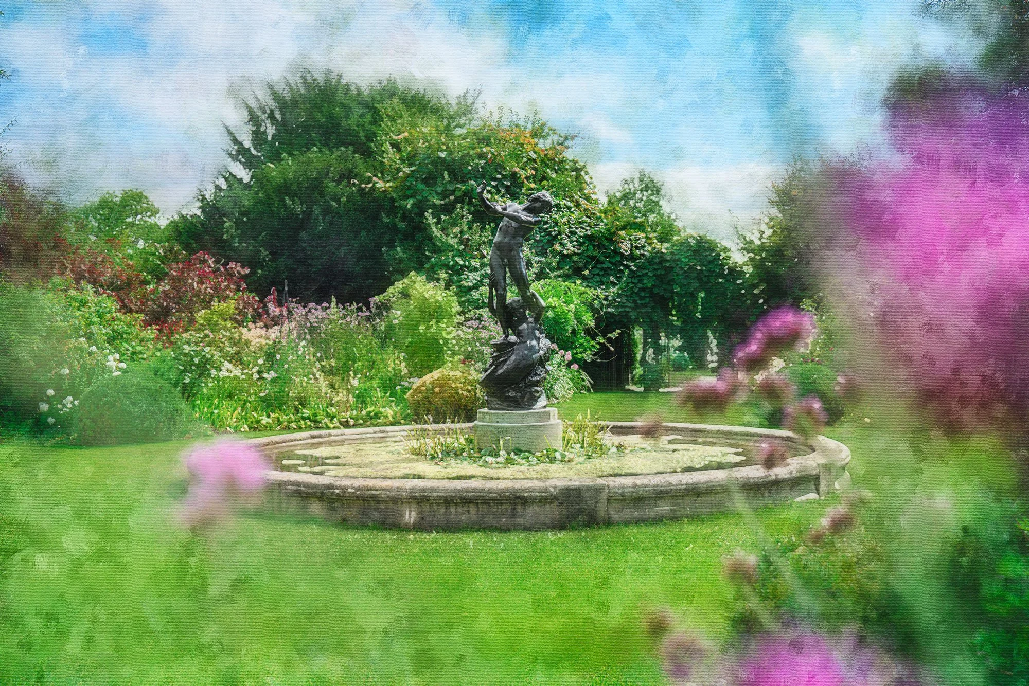 A garden scene with a central fountain featuring a bronze statue of a girl, surrounded by colorful flowers, lush greenery, and trees under a partly cloudy sky.
