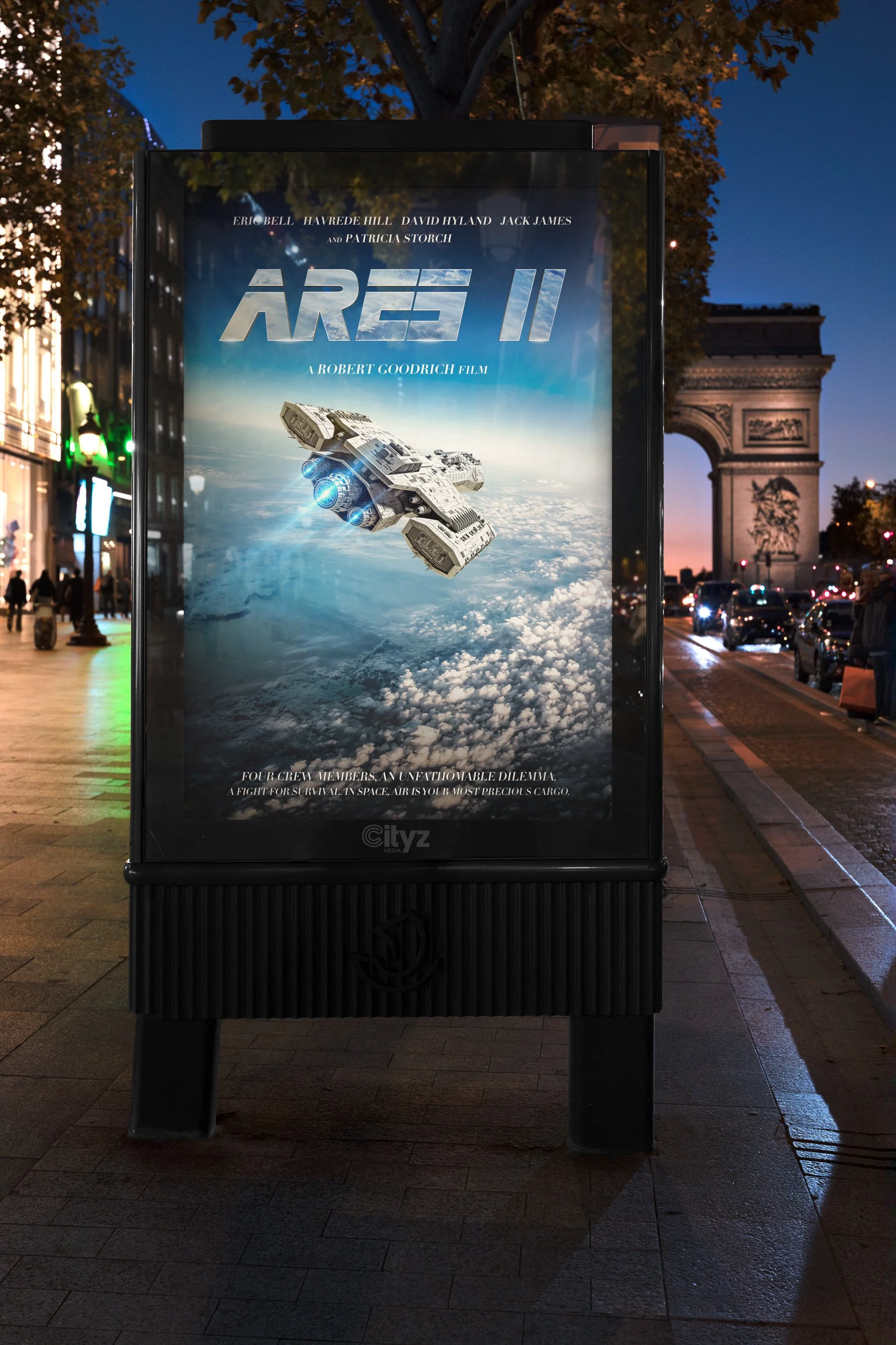A movie poster displayed on a street advertising board.