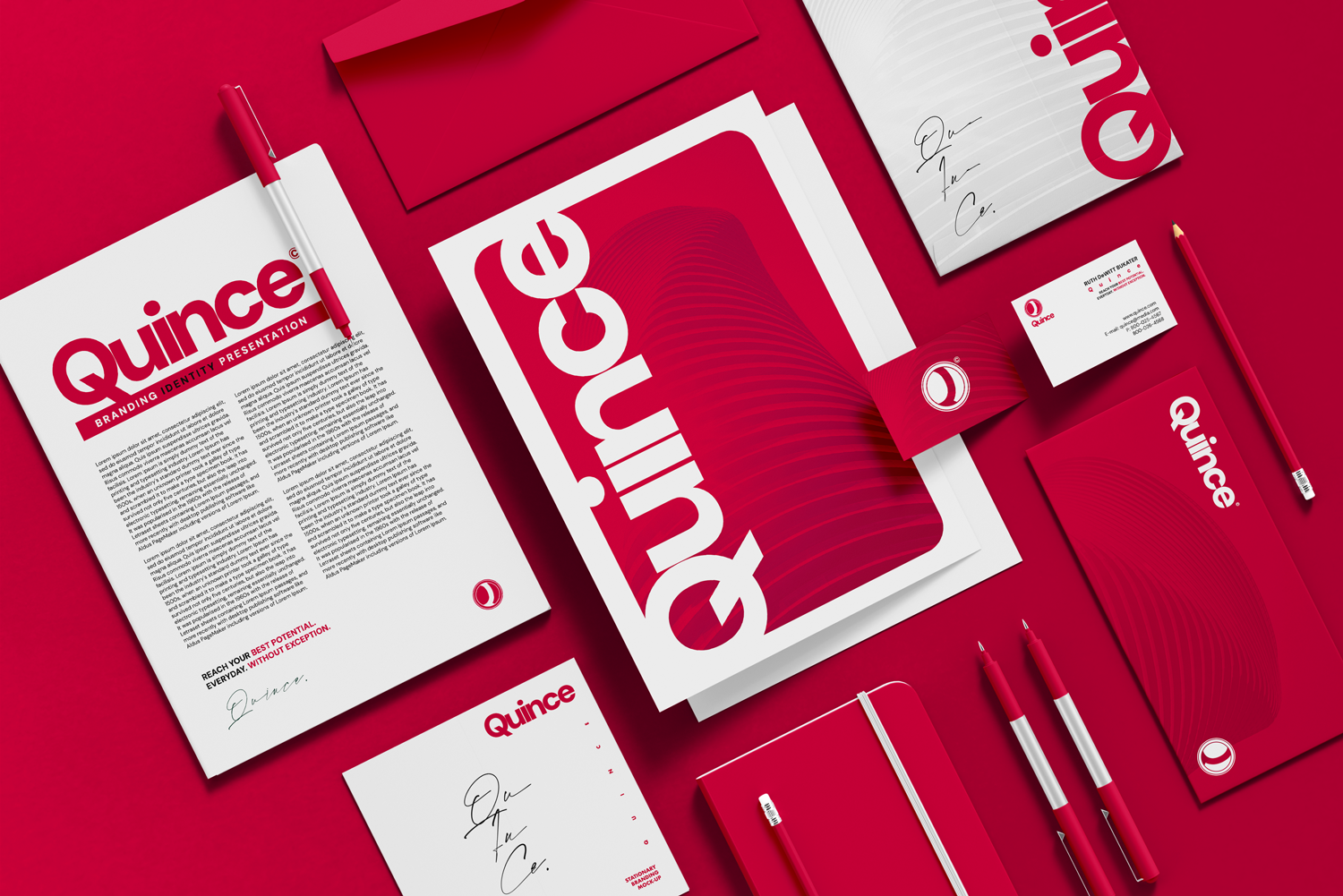 A collection of red and white branding materials, including posters, flyers, envelopes, business cards, and notebooks, all displaying the Quince logo and branding elements.