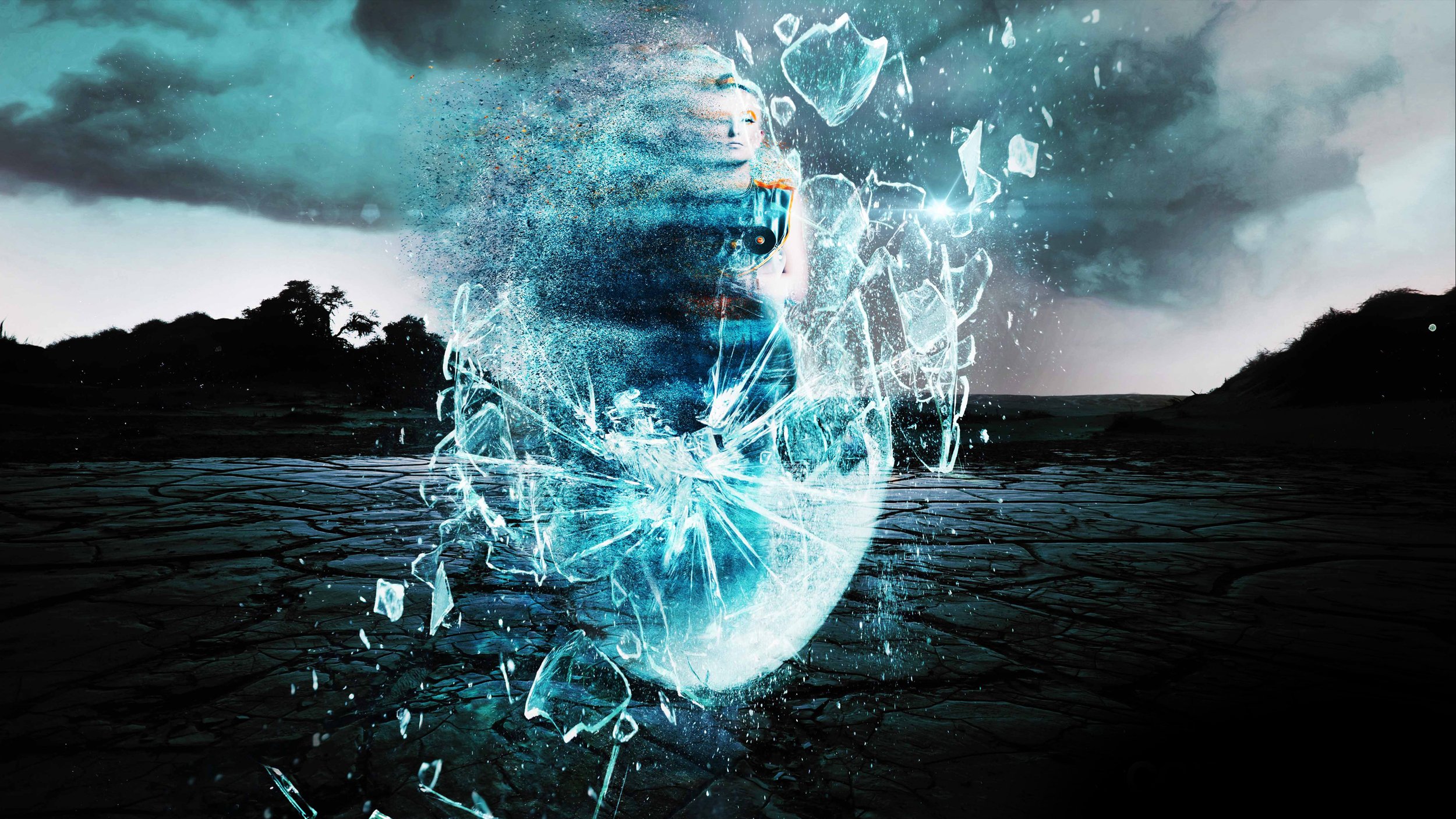 A digital illustration of a human heart breaking through a cracked surface, with a woman's face blending into the explosion of fractured glass and water, set against a stormy sky and barren landscape.