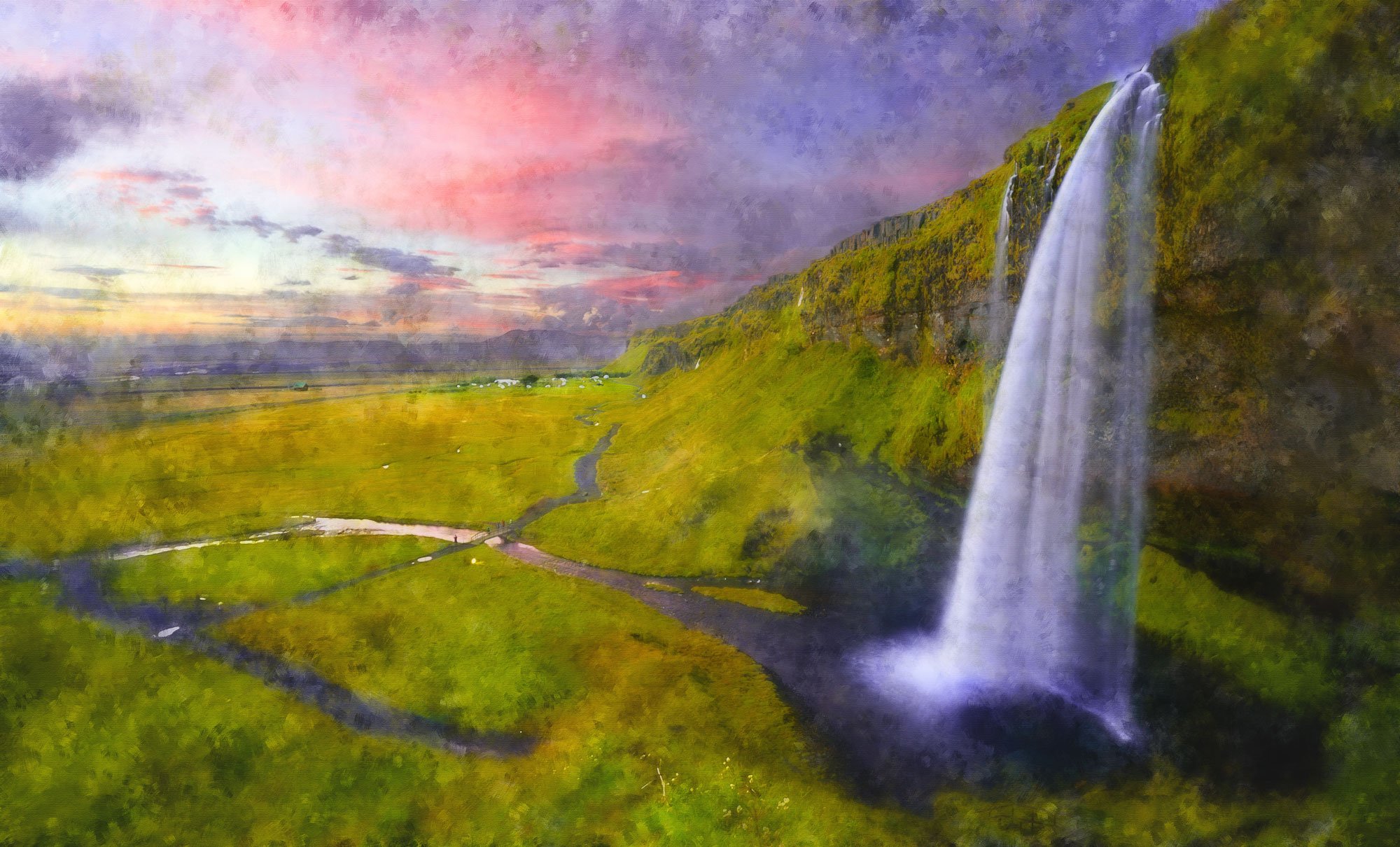 A lush green valley with winding streams and fields, featuring a tall waterfall cascading down a moss-covered cliff under a colorful, partly cloudy sunset sky.