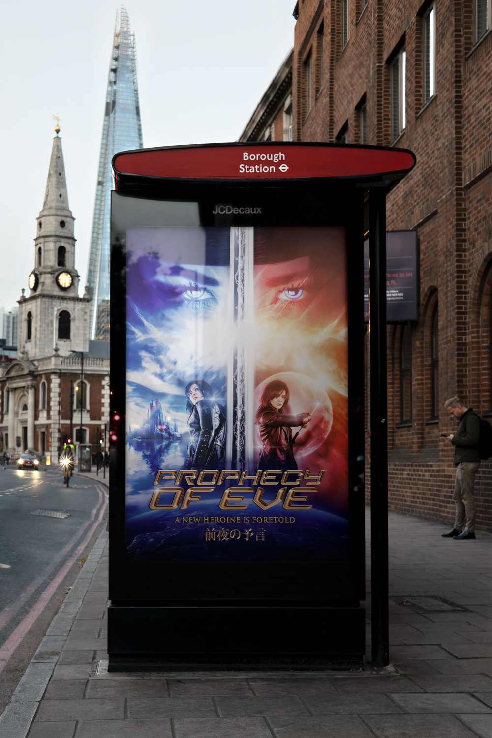 A bus stop shelter displaying an advertisement. The location is near the Borough Station in London, with the Shard skyscraper visible in the background.