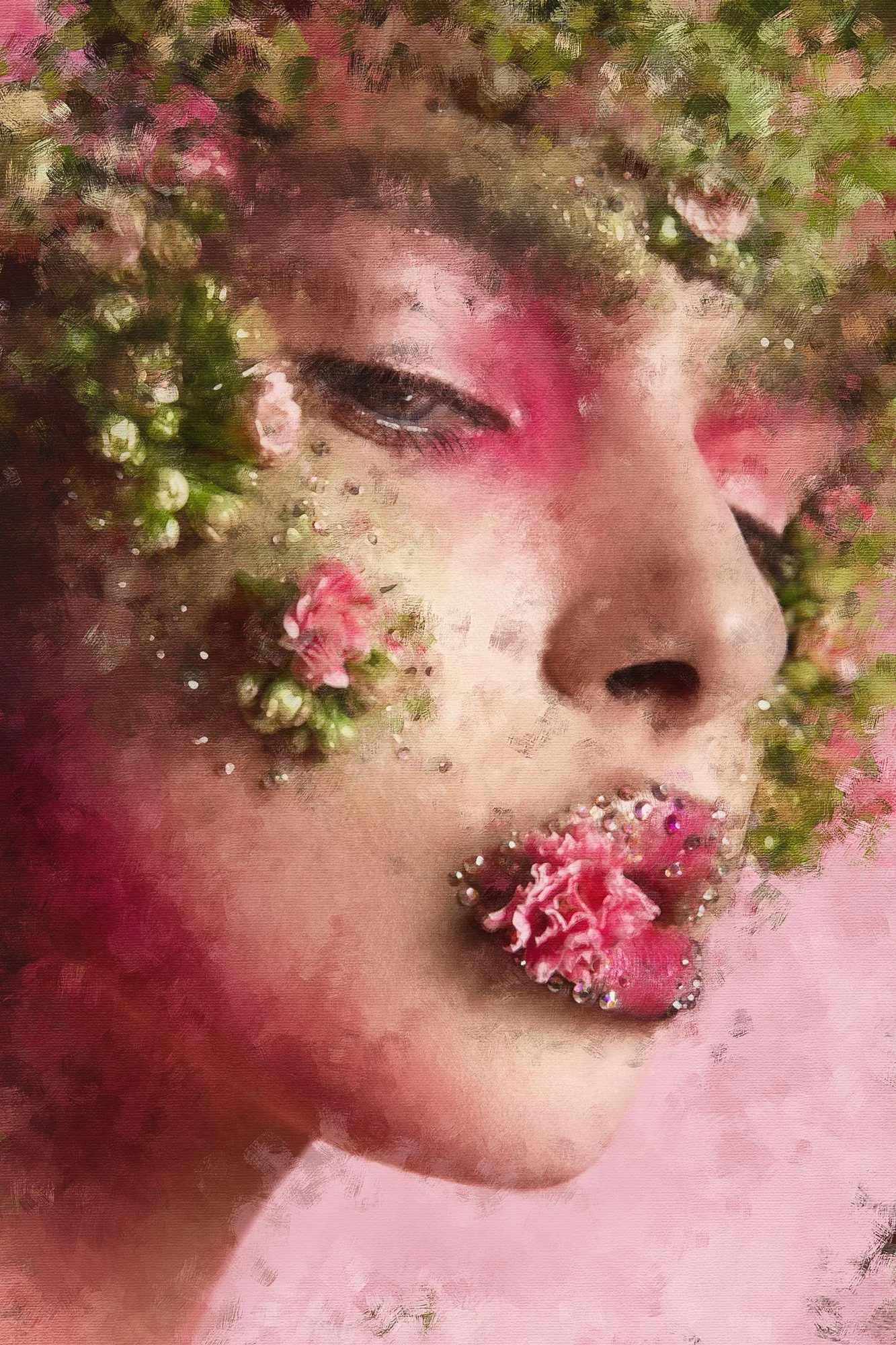 A close-up portrait of a person with their face partially obscured by pink and green flowers, with embellishments around the lips, against a pink background.