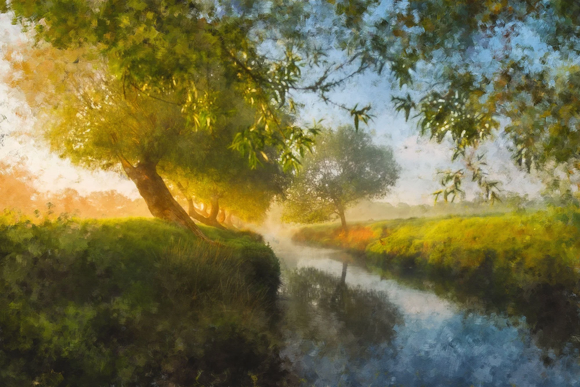 A peaceful riverside scene with large trees leaning over the water at sunset or sunrise, creating reflections in the calm river, with a soft, warm glow in the sky.