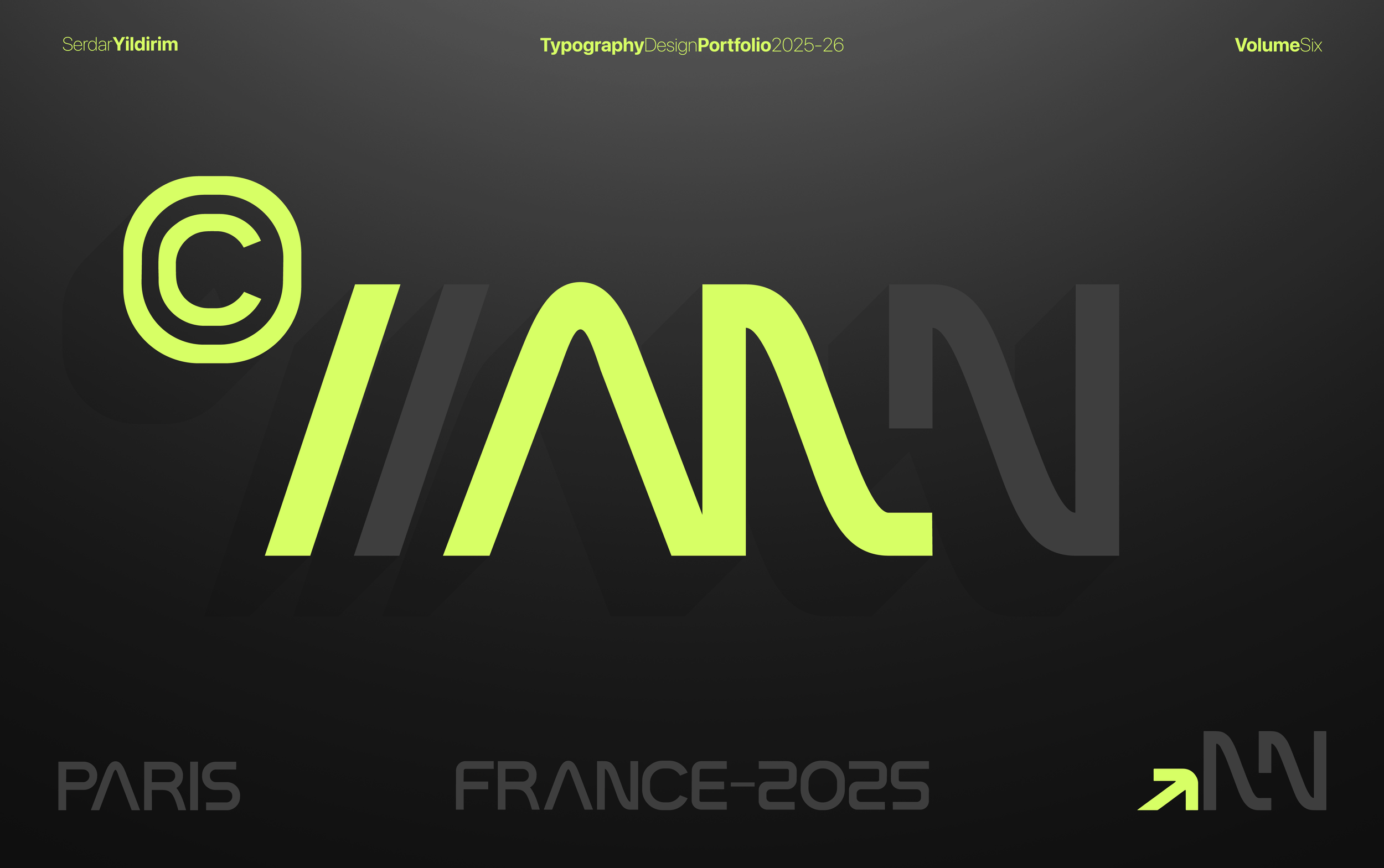 Digital graphic design of uppercase letters 'Y' and 'A' in neon green with a black shadow effect on a dark gray background, with smaller text and symbols including a copyright symbol and directional arrow.