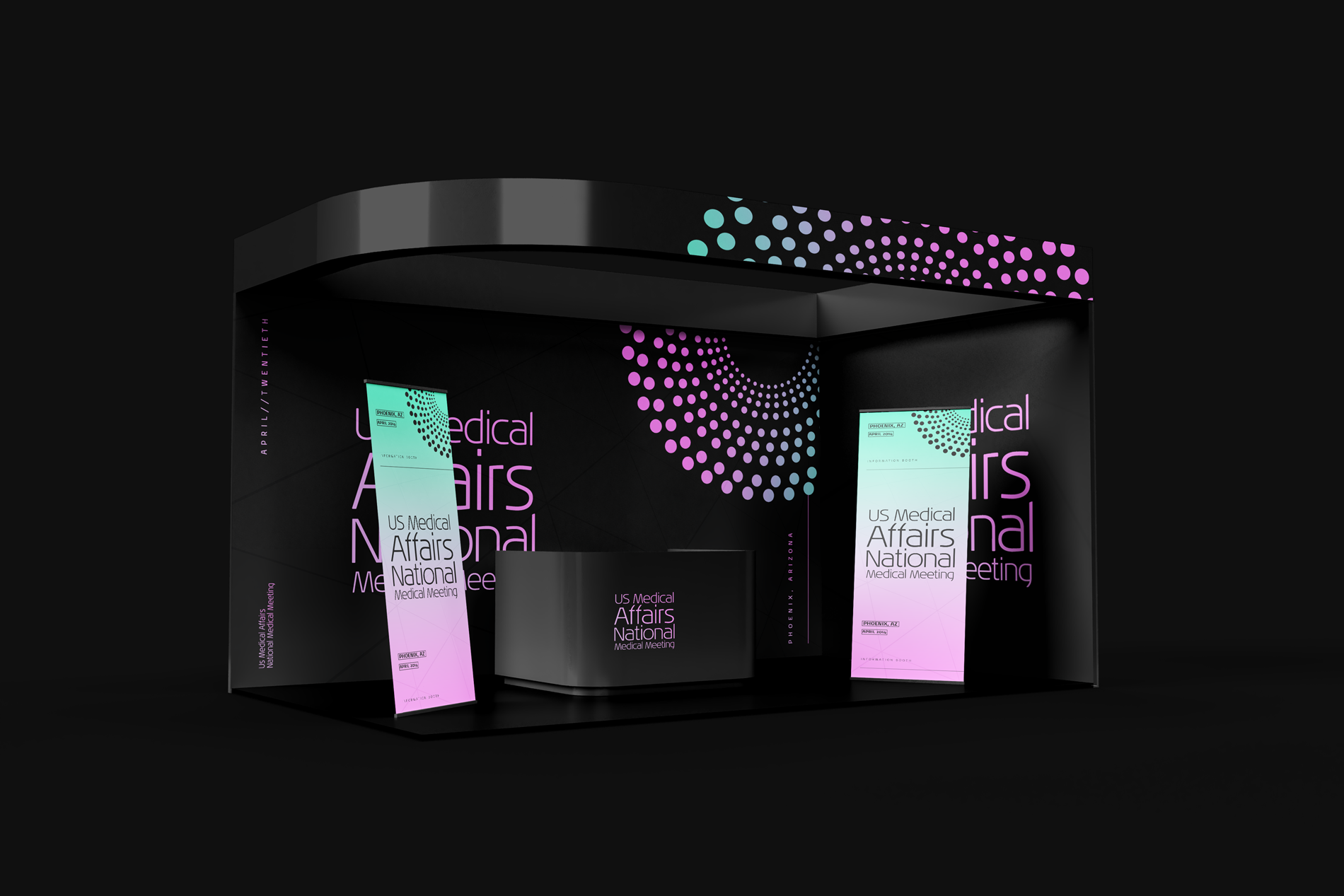 A conference booth display with a black background, featuring Pink and purple dot patterns. There are two vertical banners with event details and a curved reception desk with similar branding.