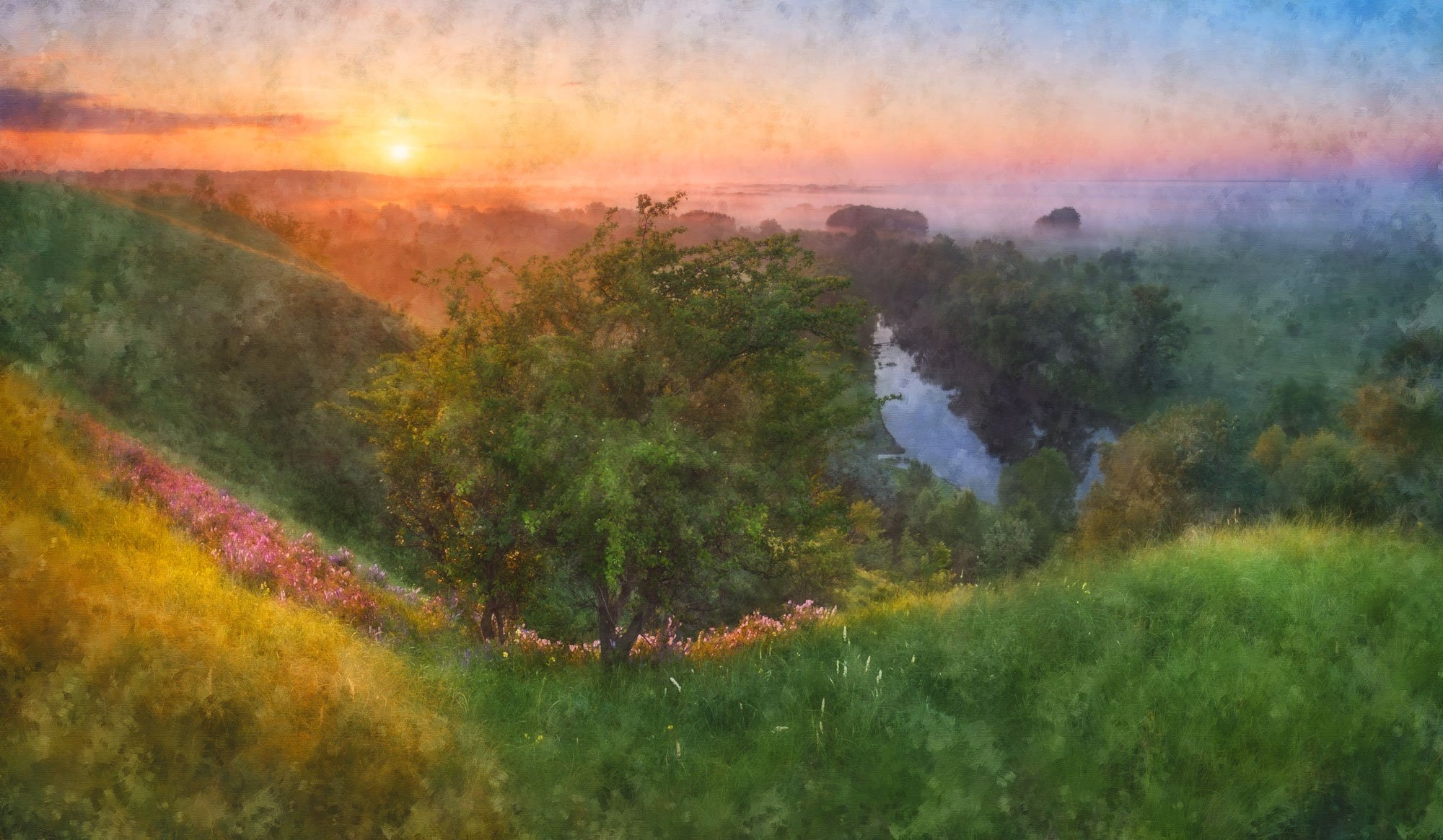 A lush green landscape with a river running through it, surrounded by trees and rolling hills, during a colorful sunrise or sunset with a partly cloudy sky.