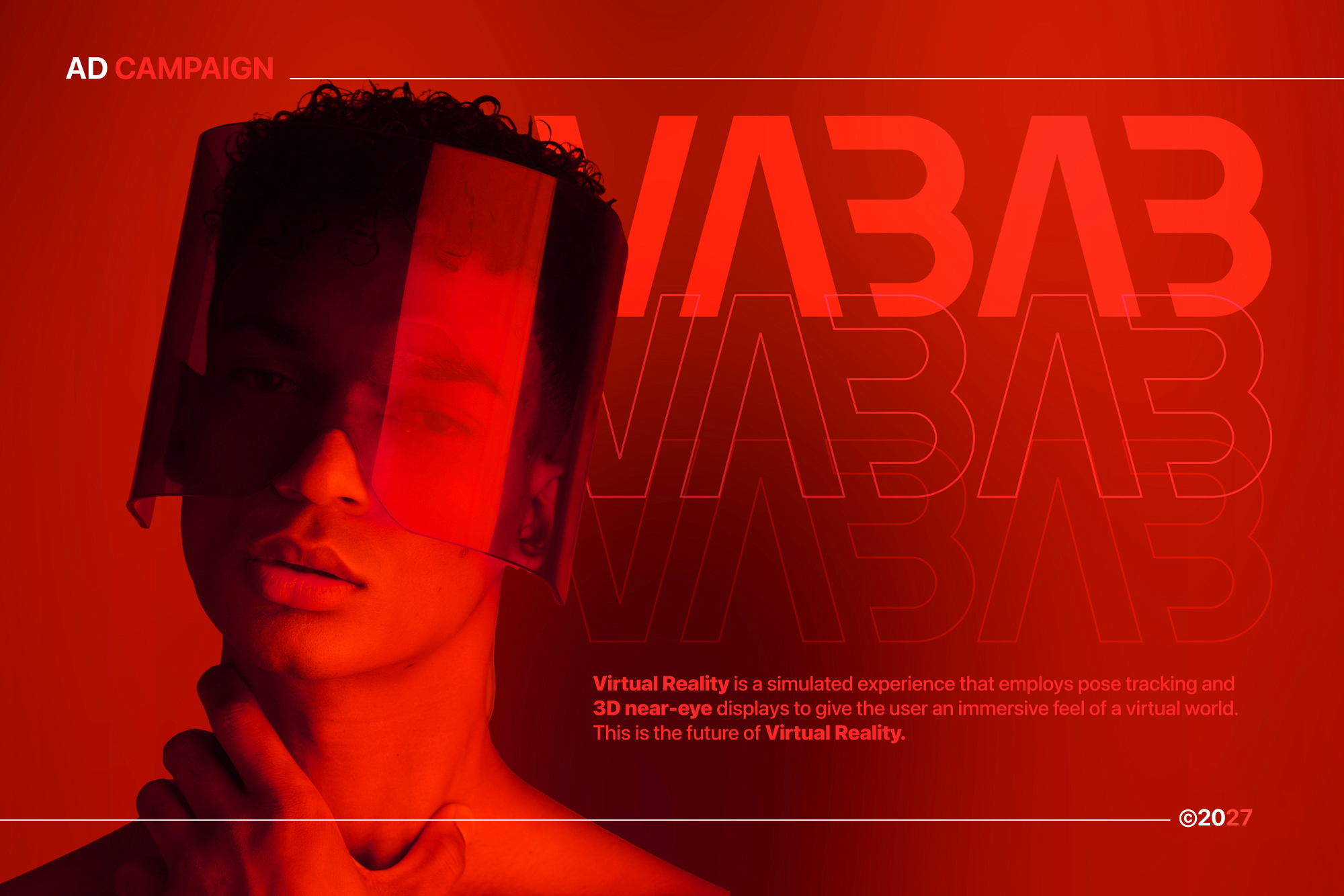 Digital advertisement for virtual reality technology featuring a young person wearing a futuristic VR visor, with red background and bold text discussing the future of virtual reality.