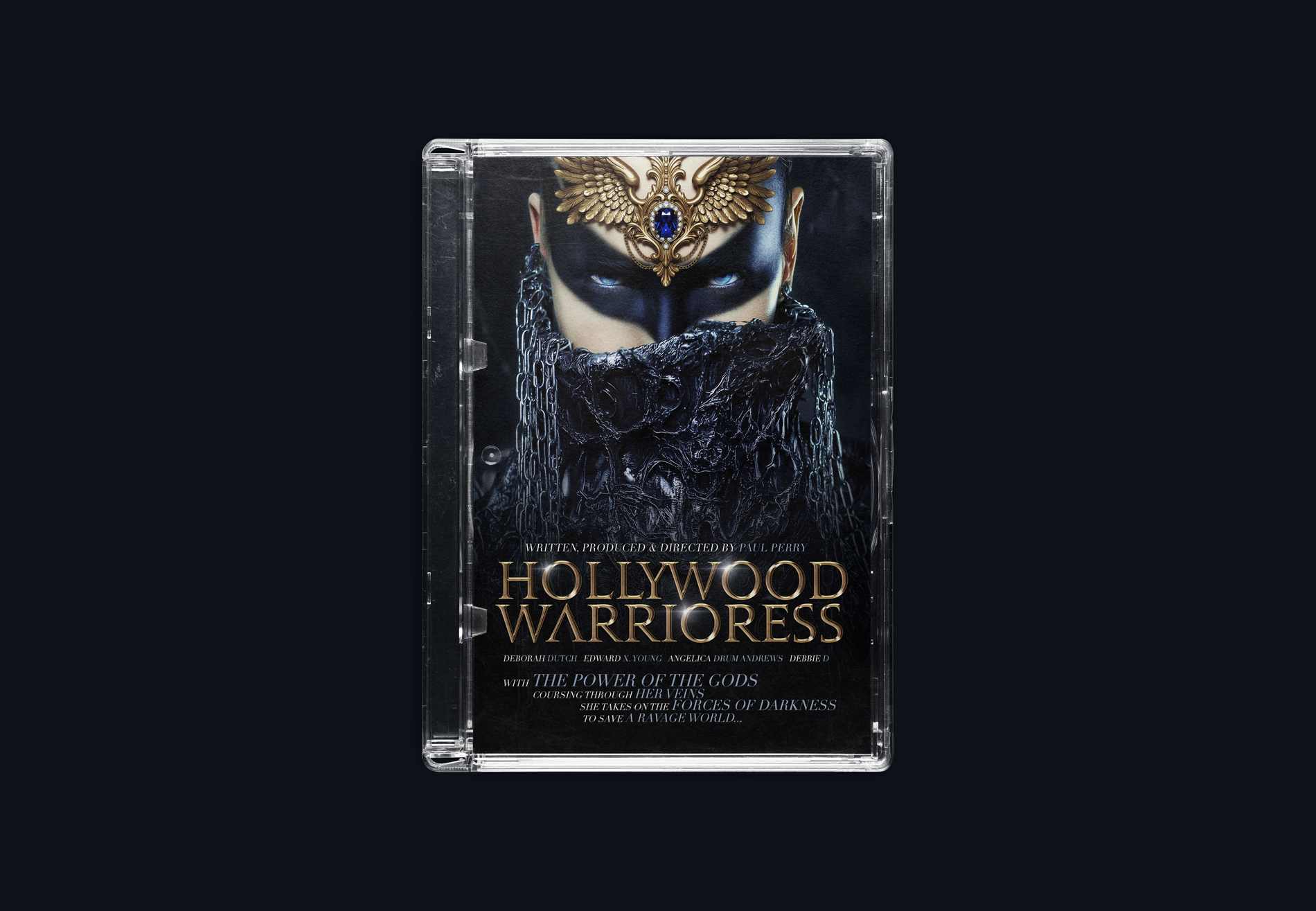 Movie DVD cover for 'Hollywood Warrioress' featuring a woman with intense eyes, a dark mask, and elaborate gold and blue forehead jewelry, with black lace or netting covering her lower face and a dark backdrop.