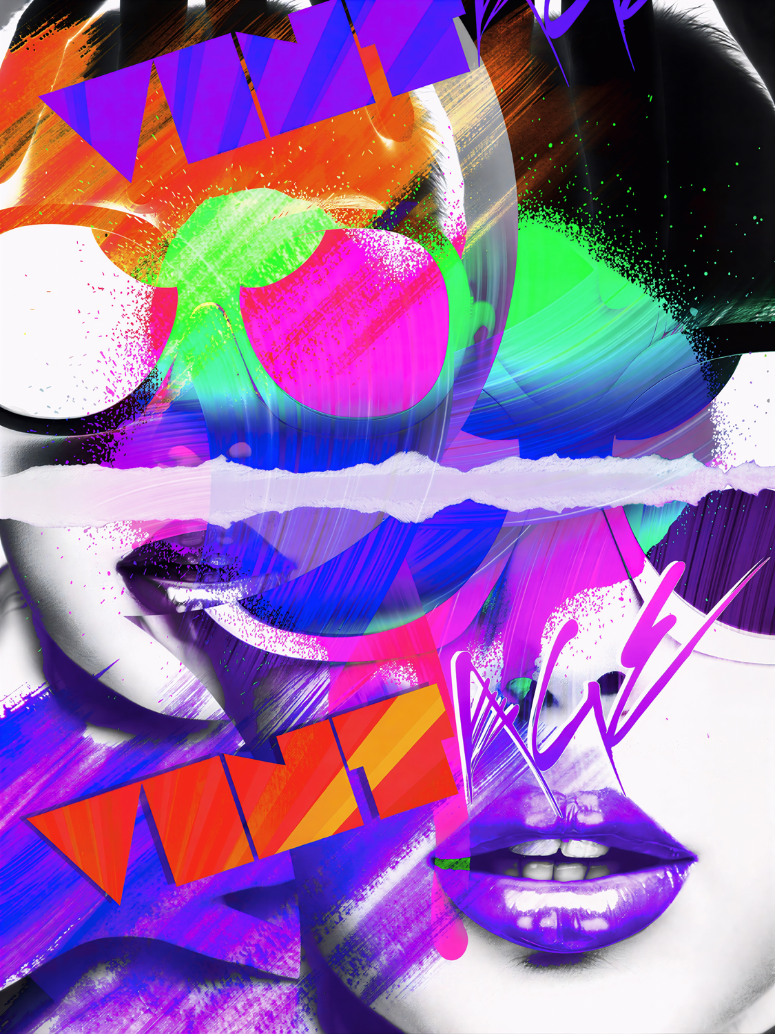A digital collage featuring a woman's partially visible face with purple lips, neon colors, graphic elements, and abstract patterns.