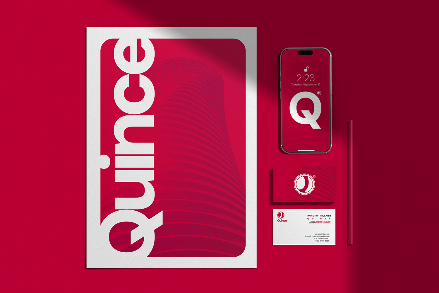 Red branding package for Quince.