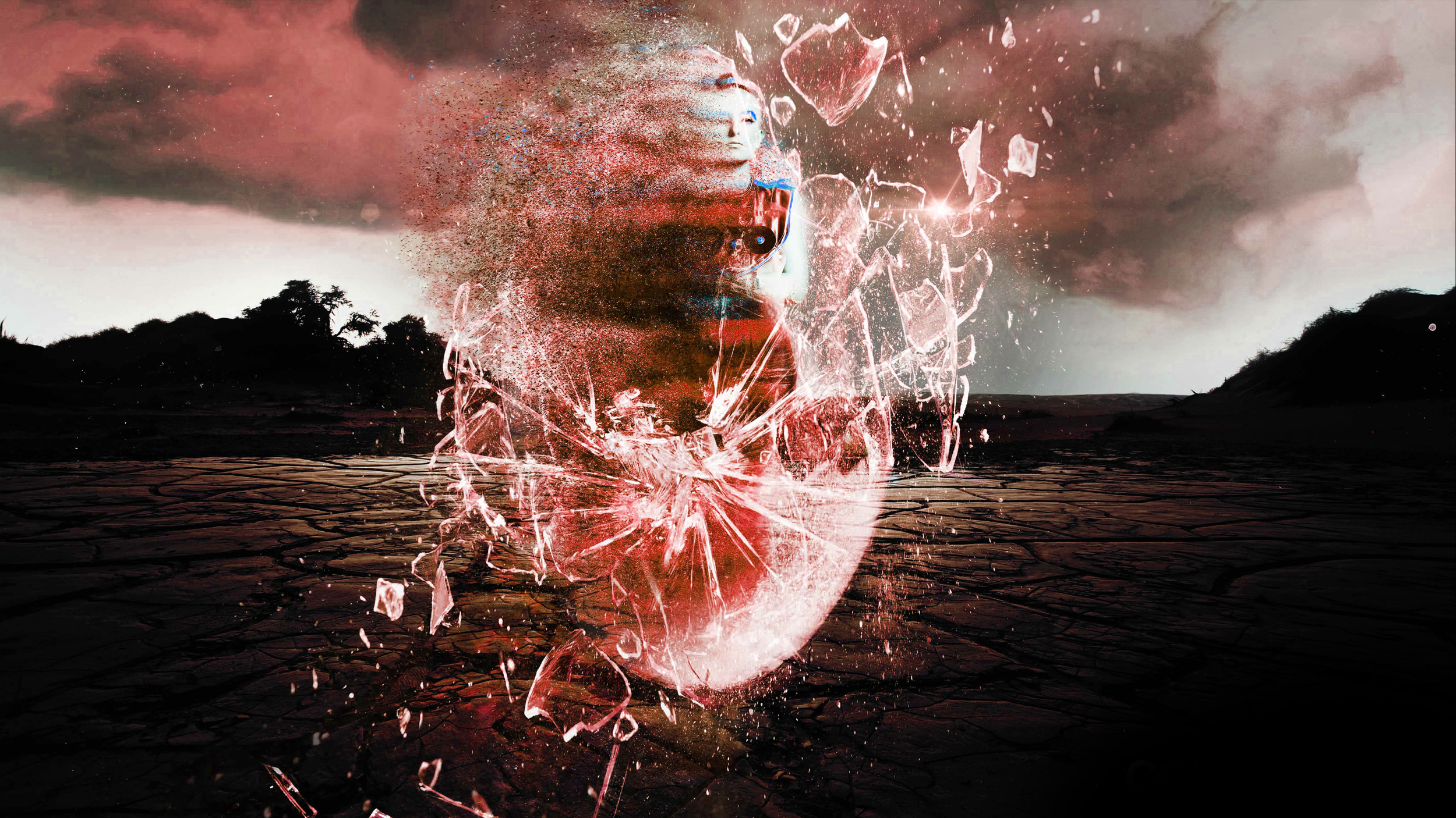 A digital artwork of a woman's face appears as if shattering glass in a dry, cracked landscape with stormy clouds in the background.