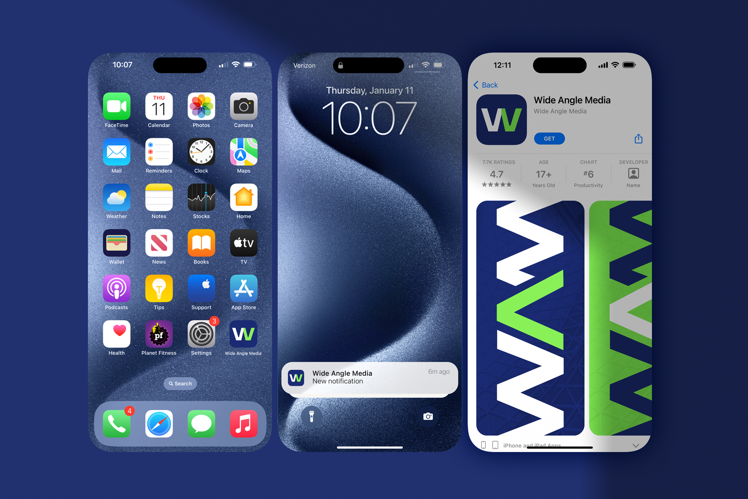 Three iPhone screens side by side on a blue background. The first shows the home screen with app icons, the second displays the lock screen with the time 10:07 and a notification from Wide Angle Media, and the third shows the app store page for Wide 