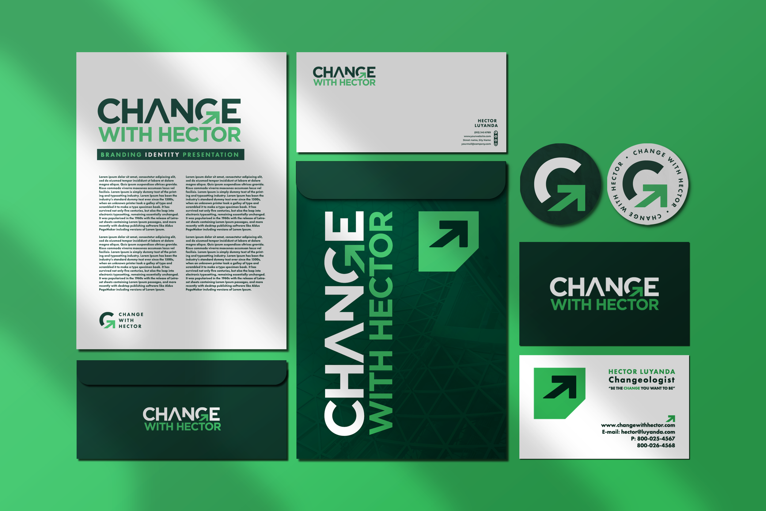 Business branding stationery set including letterhead, business cards, stickers, and envelope, all featuring a green and black theme with the words 'Change with Hector' and a logo with an arrow.