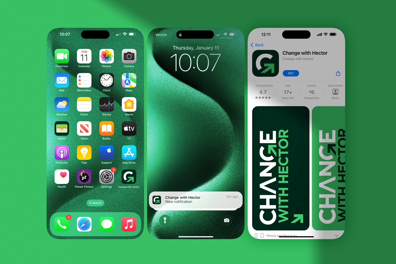 Three iPhone screens showing home screen, notification, and app store page, with a green background.