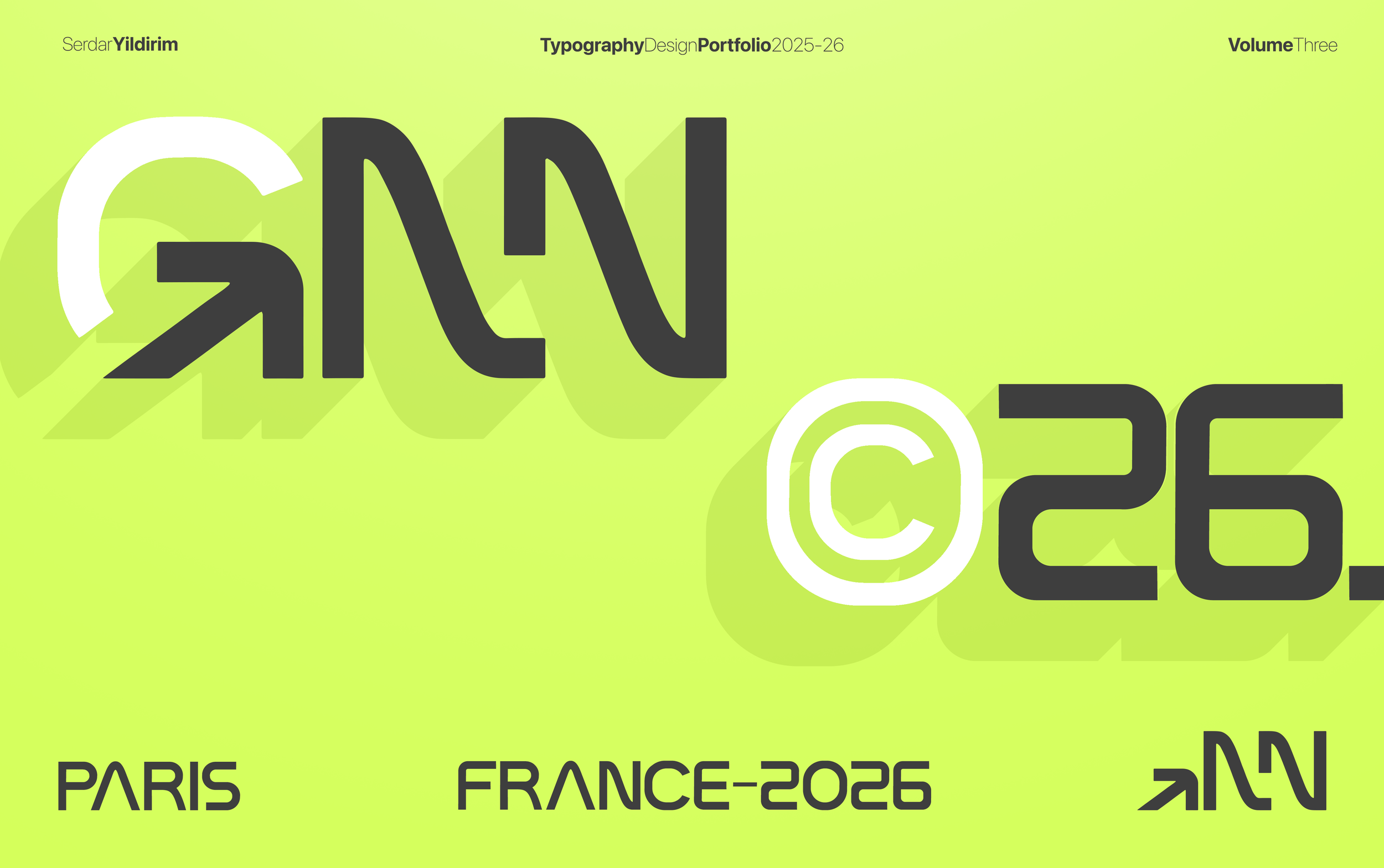 Graphic design portfolio cover with neon green text on a dark background, featuring arrows, volume, and location indicators.