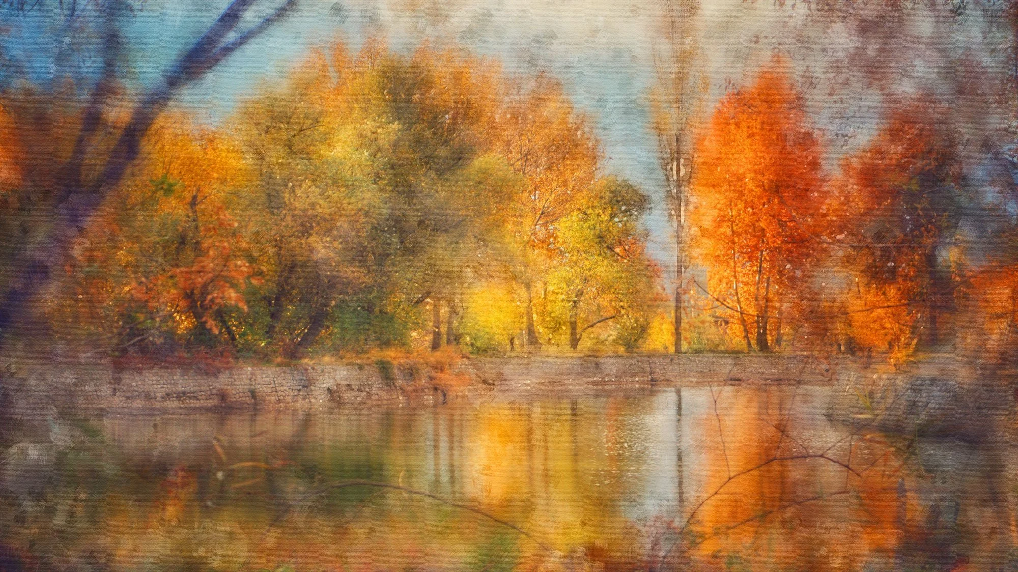 An impressionistic painting of autumn trees with colorful leaves reflected in a calm river, under a sky with soft clouds.