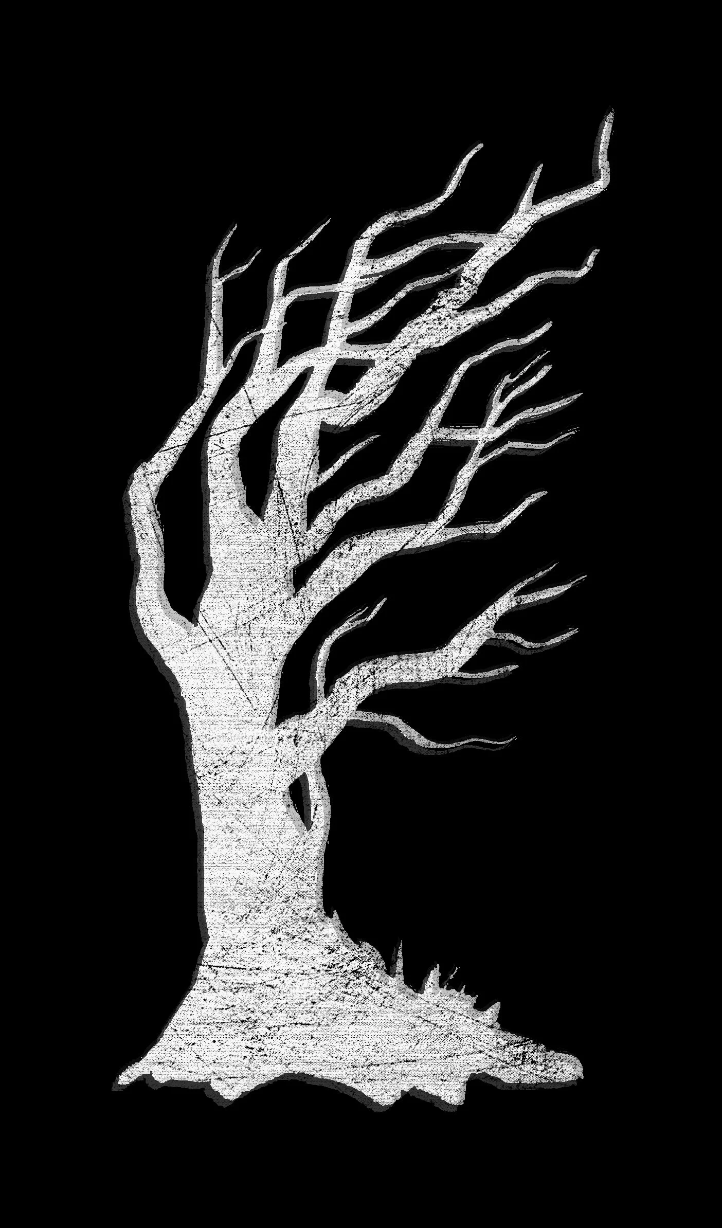 A white, distressed silhouette of a leafless tree on a black background.