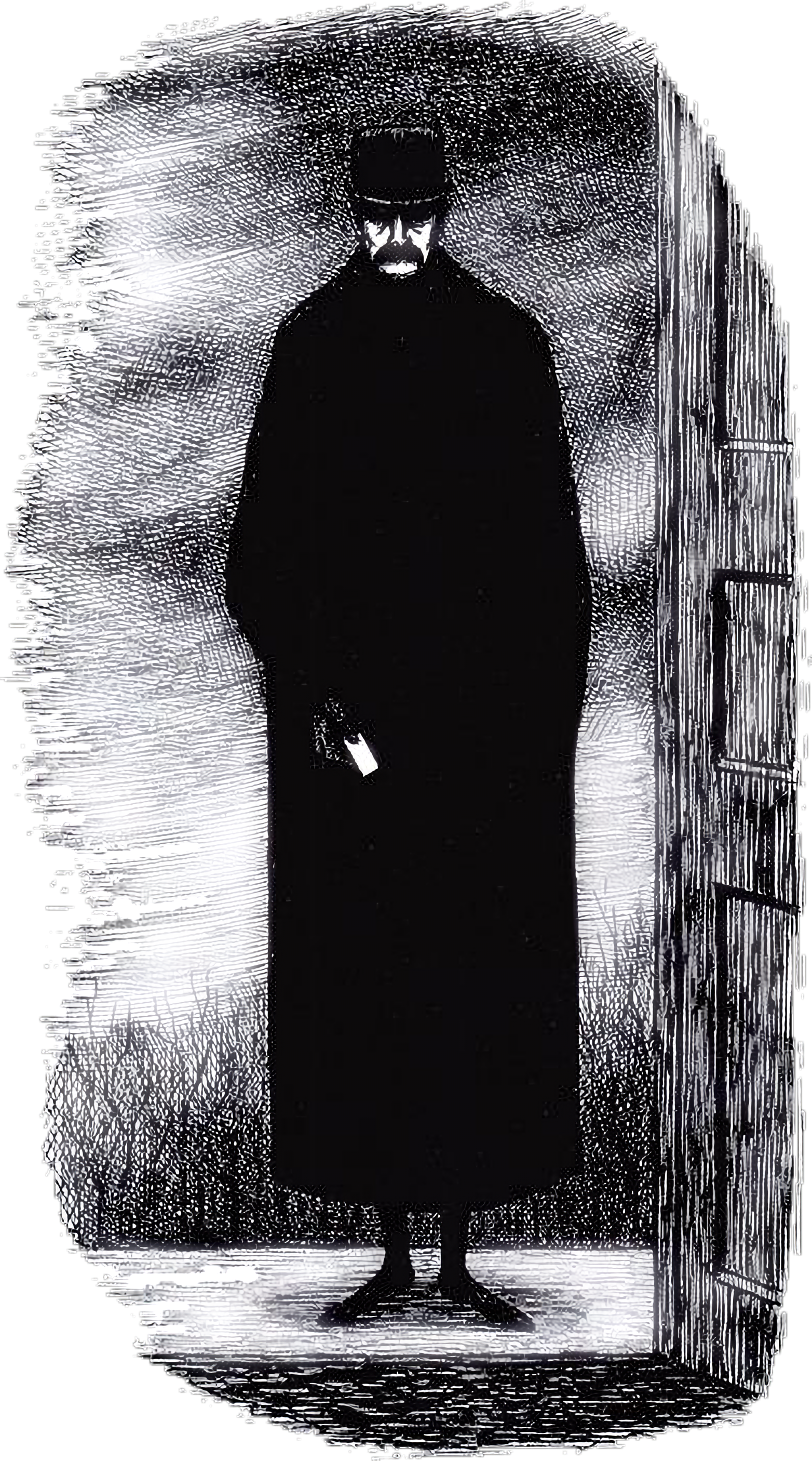 A black-and-white illustration of a man standing in a doorway, dressed in a long, dark coat and hat, holding an object in his right hand, with a serious expression on his face.