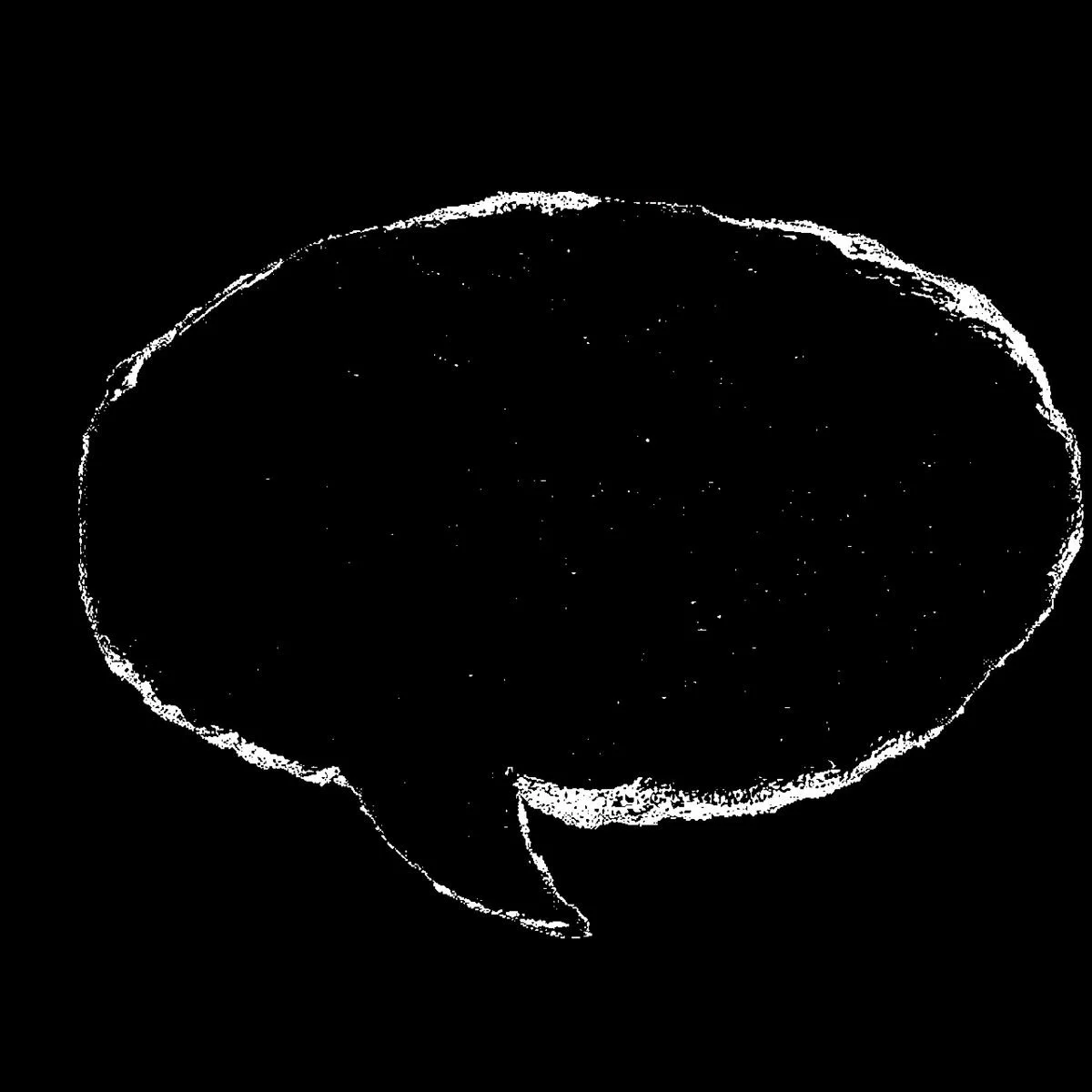 A black and white illustration of a speech bubble resembling a planet or celestial body.