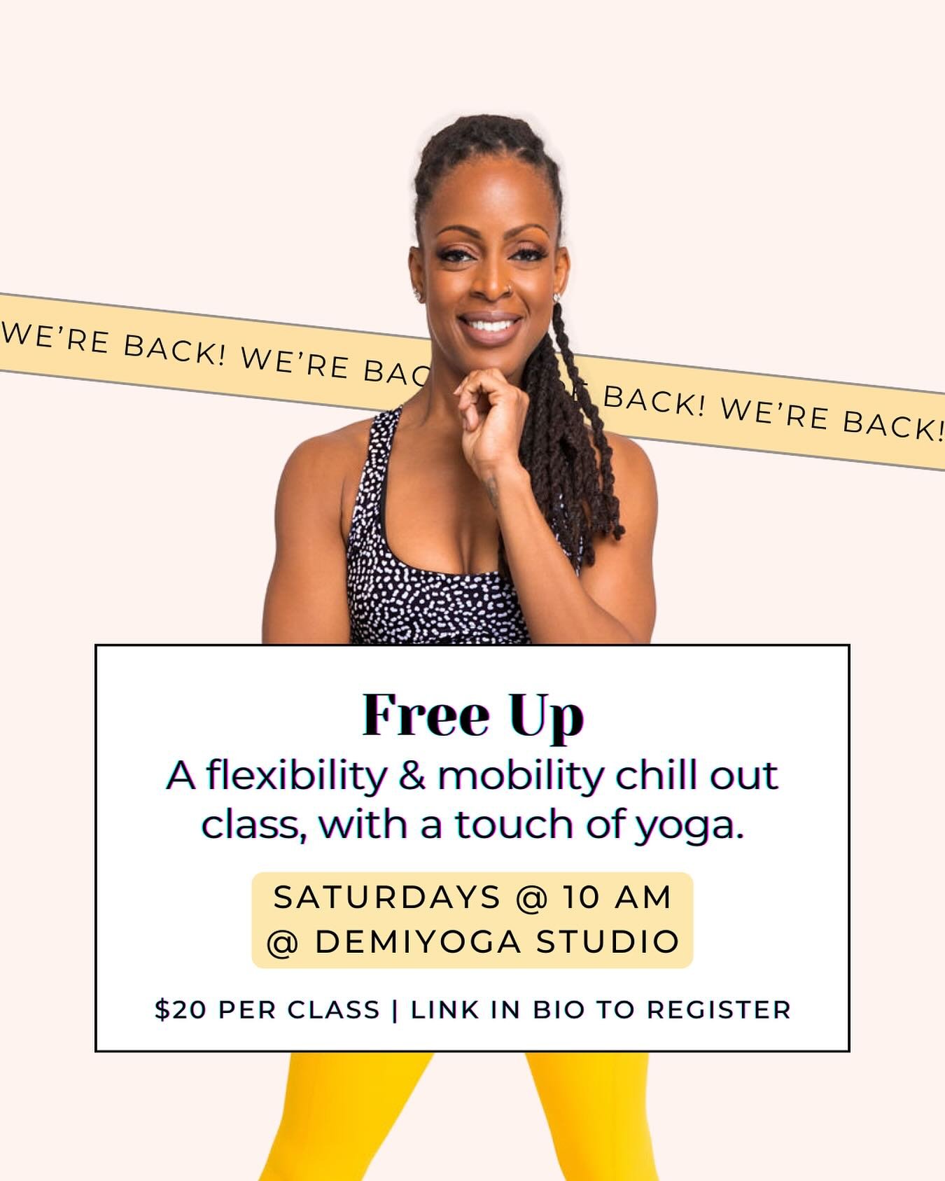 I&rsquo;m super excited to bring back Free Up! 

A chill out, yoga-ish, stretch, flexibility and mobility class for everybody and every body. 

Join us every Saturday at 10 am, from 7 September, @thedemiyogastudio for some groovy flexi-bendiness 🤸🏾